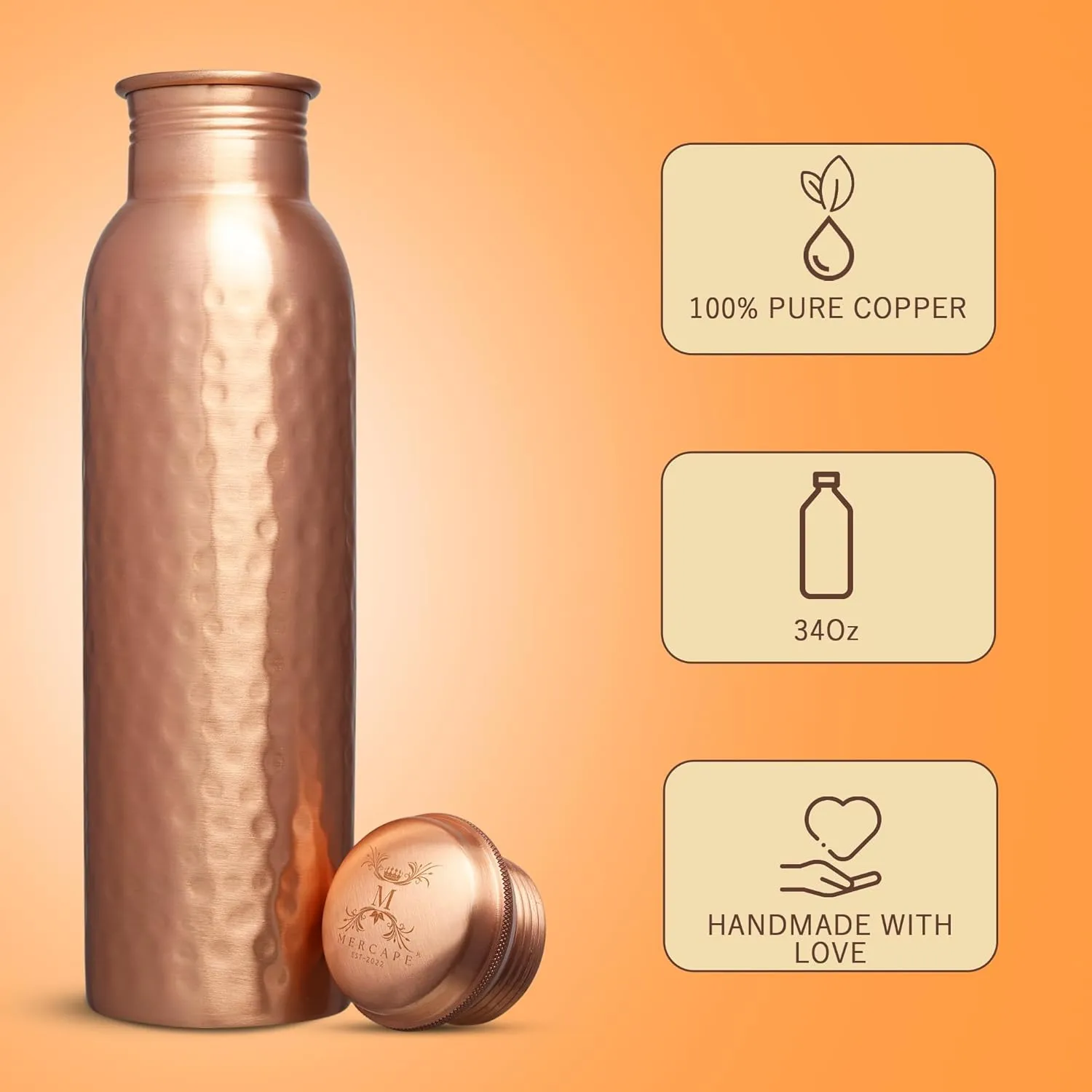 Pure Copper Water Bottle - 950 ML, Hammered Shine Finish, Ideal for Drinkware & Storage, Pack of 1 (Hammered Design 2)