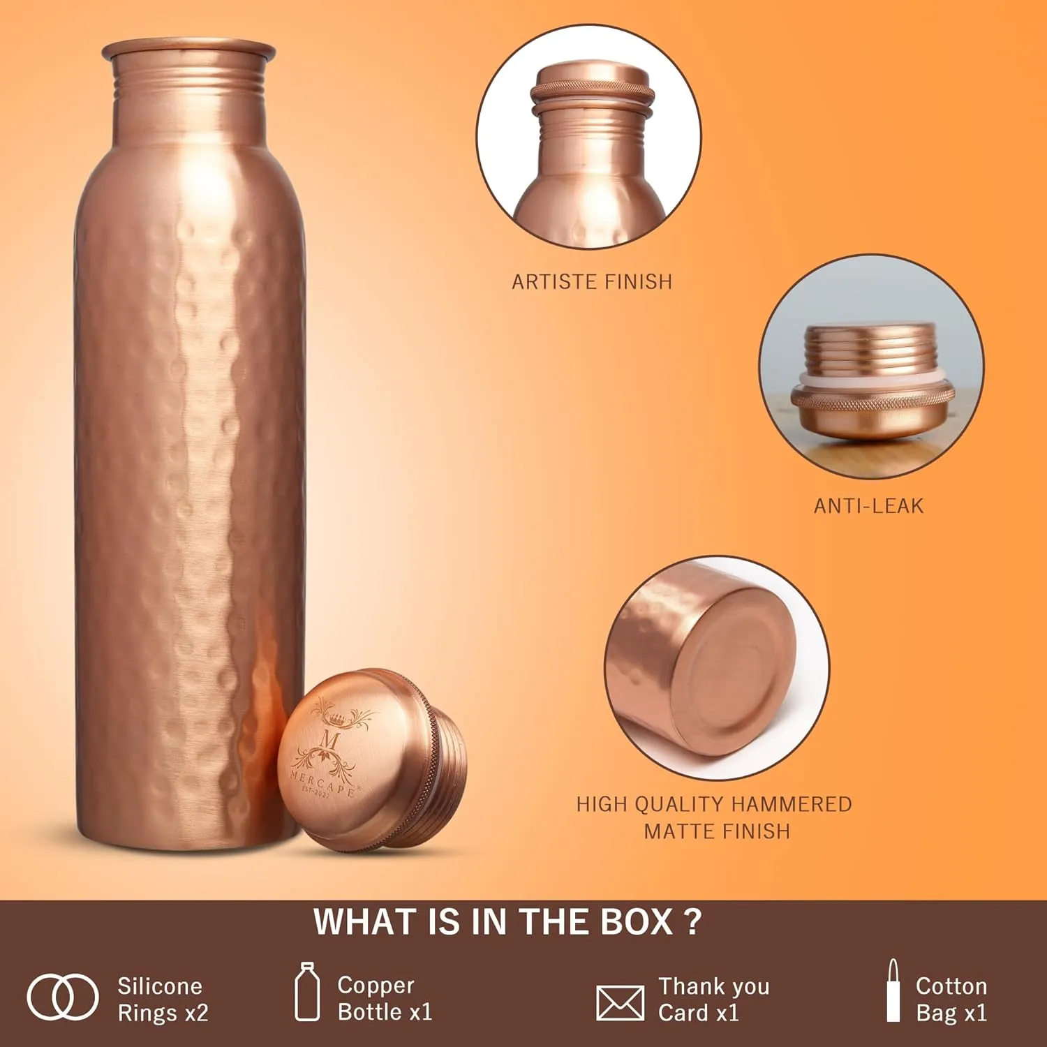 Pure Copper Water Bottle - 950 ML, Hammered Shine Finish, Ideal for Drinkware & Storage, Pack of 1 (Hammered Design 2)