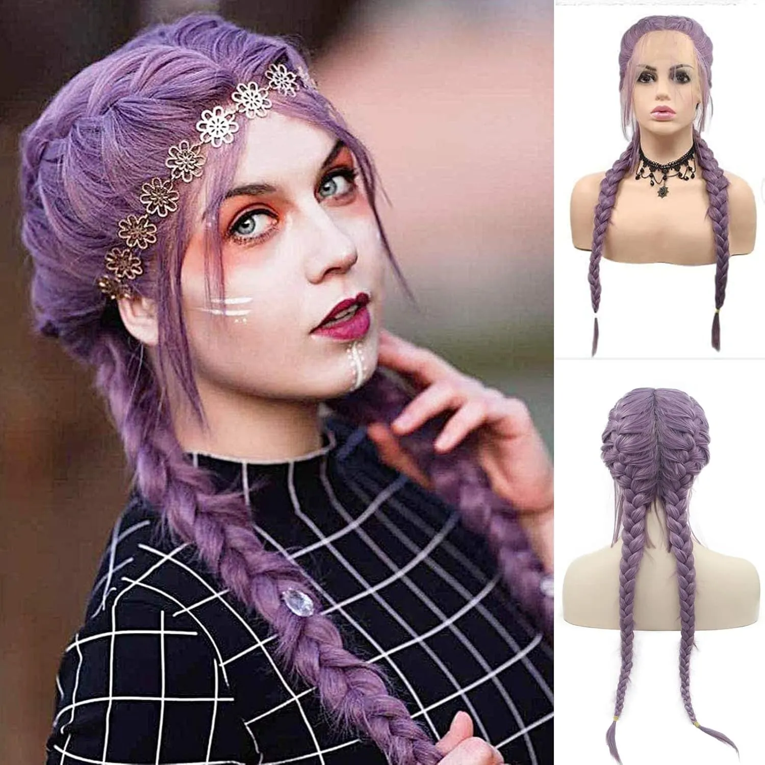 Purple Double Braid Wig Long Micro Twist Braided Wigs for Women Realistic Lace Front Glueless French Pre Braid Lace Wig with Baby Hair Glueless Synthetic Heat Resistant Cosplay Daily 22Inch