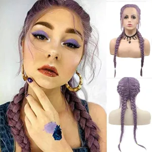 Purple Double Braid Wig Long Micro Twist Braided Wigs for Women Realistic Lace Front Glueless French Pre Braid Lace Wig with Baby Hair Glueless Synthetic Heat Resistant Cosplay Daily 22Inch