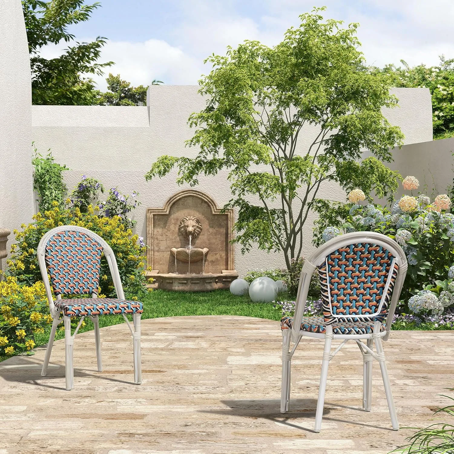 PURPLE LEAF Outdoor Dining Chair Set of 4 Aluminum Wicker Rattan Chairs for Garden Kitchen Backyard Porch White Print Finish Patio Chairs Colorful French Bistro Chair Set