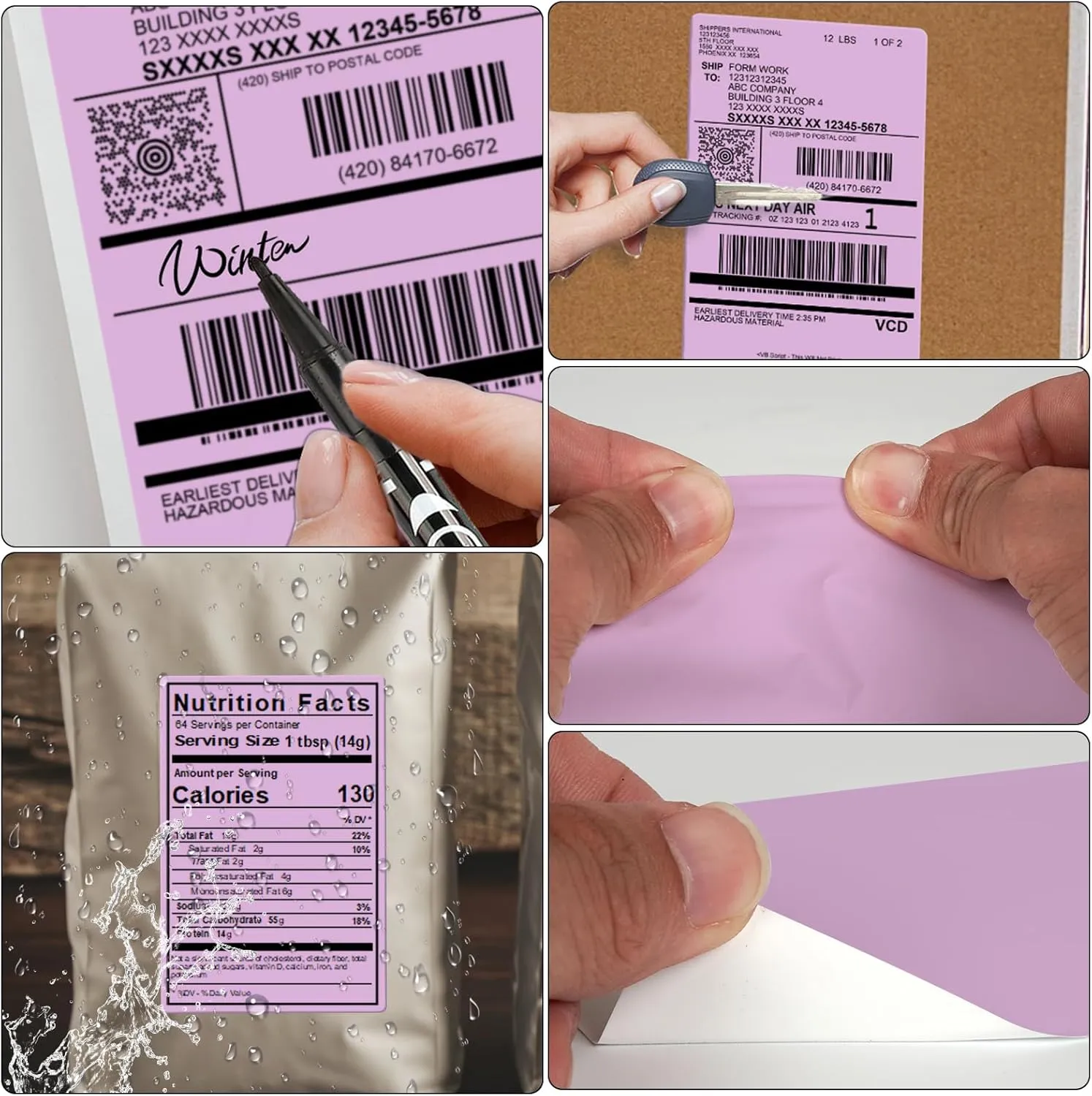 Purple Thermal Labels 4 × 6 Inch Vinyl Rectangular Waterproof Direct Printer Sticker Self-Adhesive Perforated Address Tag for Shipping Business Warehouse 250 PCS