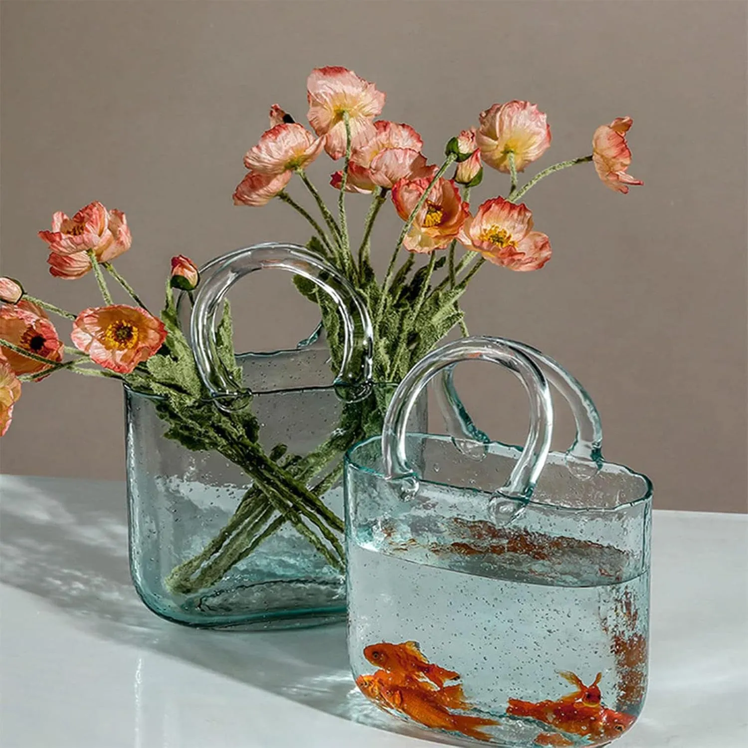 Purse Vase for Flowers, Glass Vases with Air Bubbles Glass Purse Vase Clear Glass Vase, for Home Décor,Enterpiece,Events,Office,Garden,Wedding,Style1-Gray
