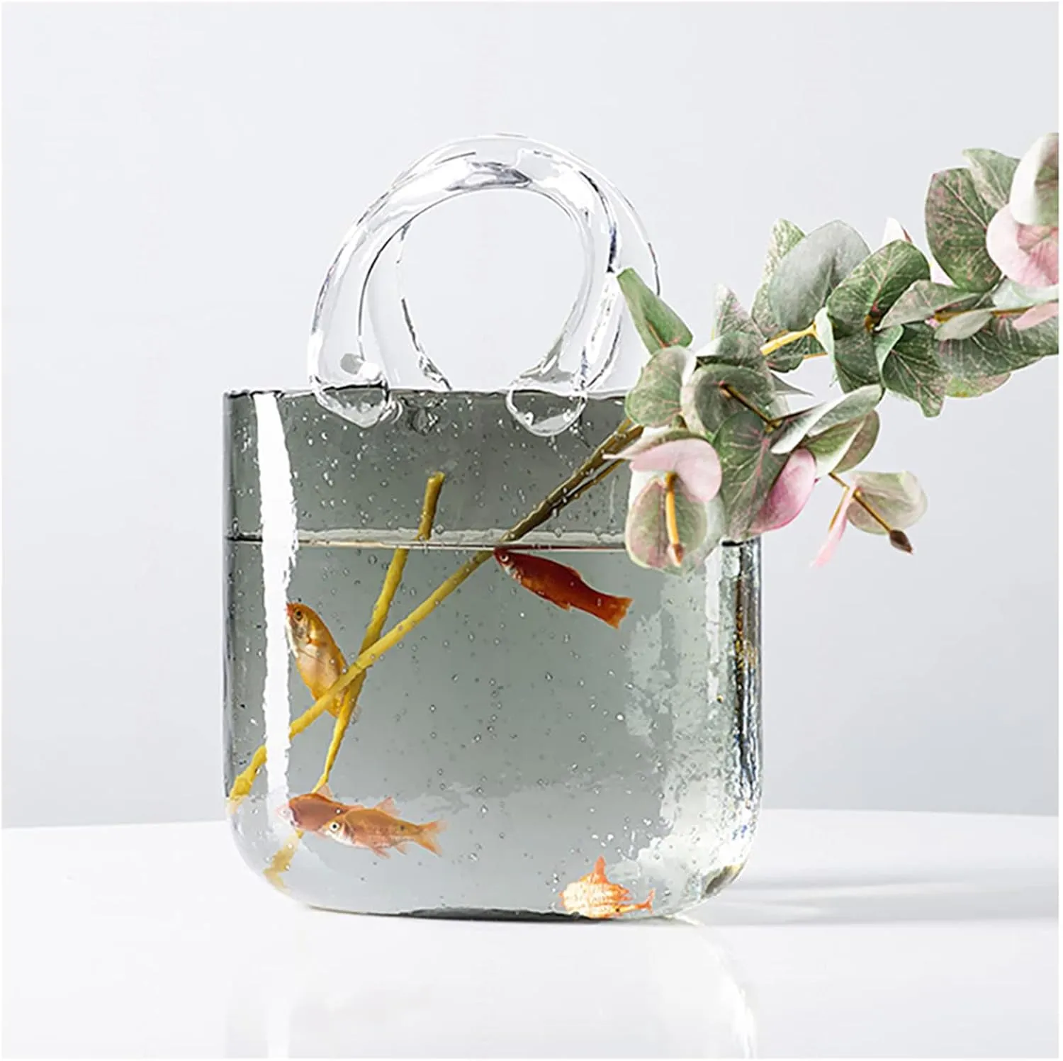 Purse Vase for Flowers, Glass Vases with Air Bubbles Glass Purse Vase Clear Glass Vase, for Home Décor,Enterpiece,Events,Office,Garden,Wedding,Style1-Gray