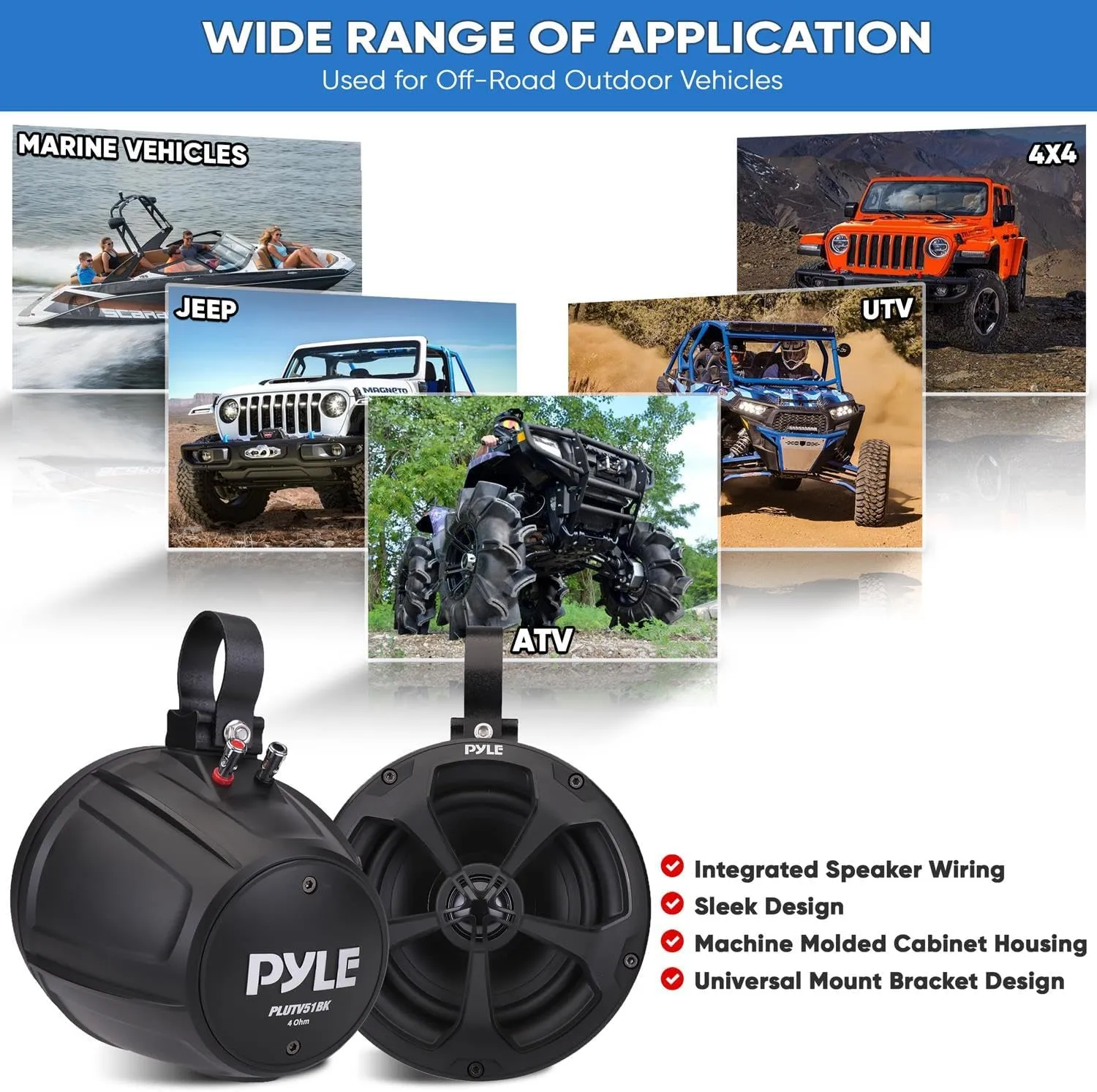Pyle 2-Way Dual Waterproof Off-Road Speakers - 5.25 Inch 1000W Marine Grade Wake Tower Speakers System, Full Range Outdoor Audio Stereo Speaker for ATV, UTV, Quad, Jeep, Boat - Pyle PLUTV51BK,Black