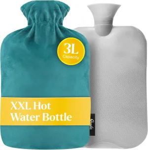 Qomfor XXL Large Hot Water Bottle with Fleece Cover – Soft and Cozy 3L Hot Water Bottle for Bed, Cramps, and Pain Relief – Durable and Safe, Ideal for Cold Nights (Green/Blue)