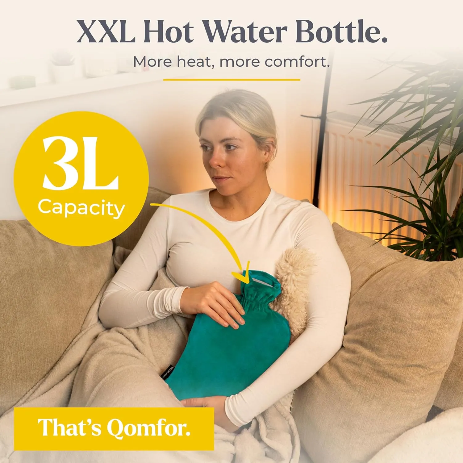 Qomfor XXL Large Hot Water Bottle with Fleece Cover – Soft and Cozy 3L Hot Water Bottle for Bed, Cramps, and Pain Relief – Durable and Safe, Ideal for Cold Nights (Green/Blue)