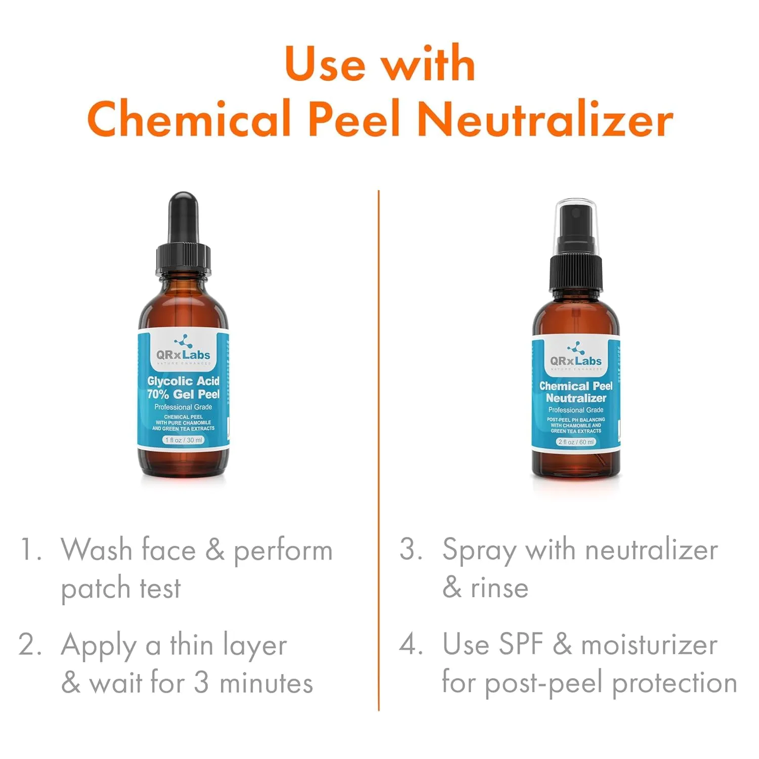 QRxLabs 70% Glycolic Acid Gel Peel & Neutralizer Set - Professional-grade skincare for acne, wrinkles, collagen boost - 1 fl oz & 2 fl oz bottles