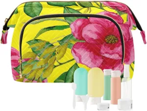 Quilted Cosmetic Bag Bright Pink Flowers on Yellow Wide Open Makeup Organizer Pouch for Women Travel Daily Use