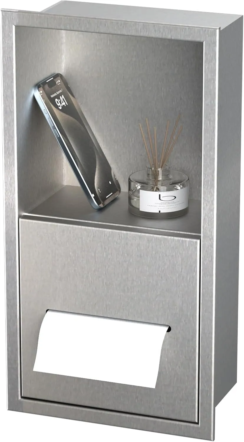 Recessed Toilet Paper Dispenser with Insert Wall Niche for Storage,in Wall Stainless Steel Toilet Rool Paper Holder with Shelf,15.9 inX7.9 inX4.9 in (Brushed Nickel)