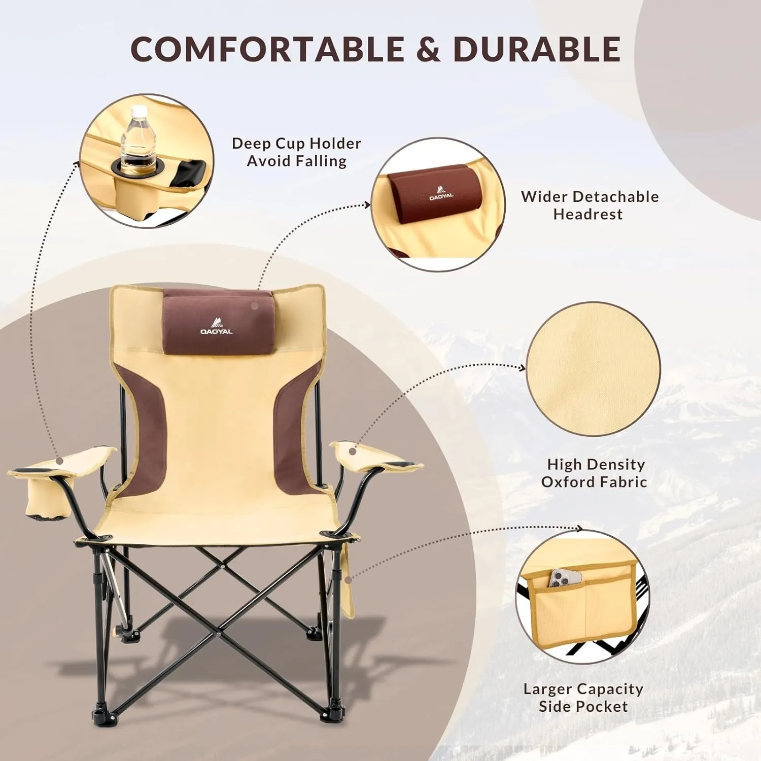 Reclining Camping Chair 4-Position Adjustable, Lightweight Folding Lounge Beach Chair for Adults with Removable Footrest & Headrest, Cup Holder & Storage Pouch for Outdoor(330lbs Capacity), Khaki