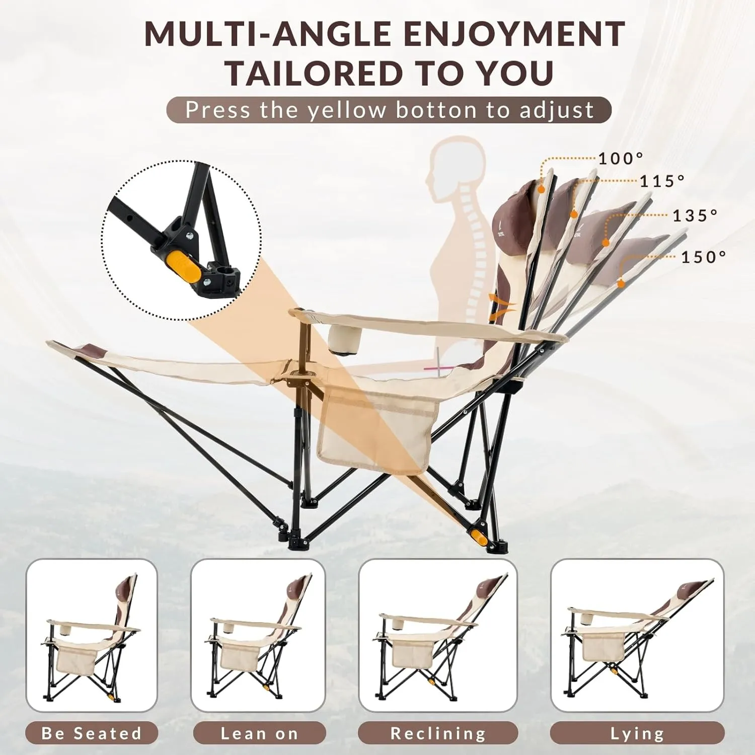 Reclining Camping Chair with Removable Footrest, 4-Position Adjustable Lightweight Folding Lounge Beach Chair with Cotton Cushion, Cup Holder & Storage Pouch for Outdoor(330lbs Capacity), Beige