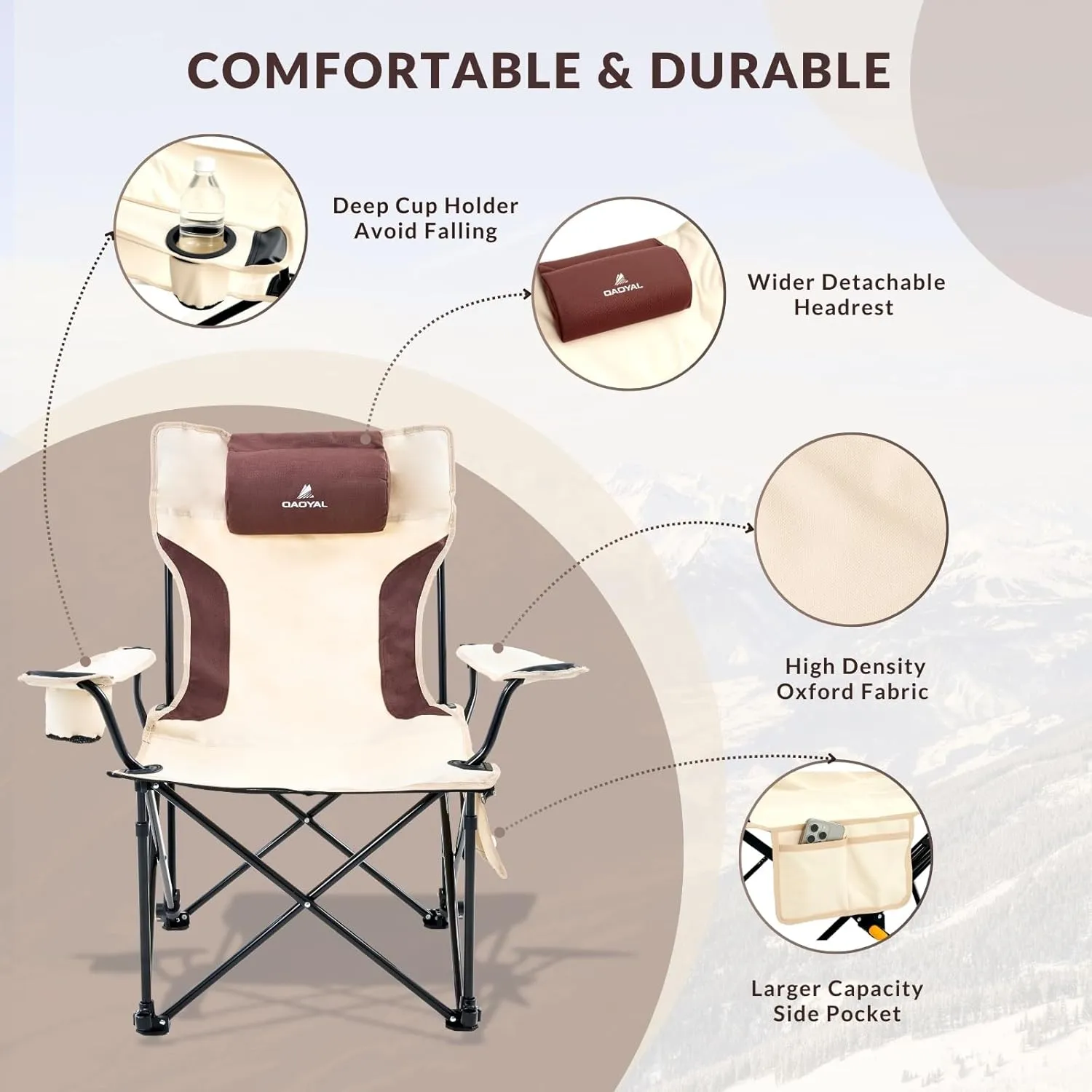 Reclining Camping Chair with Removable Footrest, 4-Position Adjustable Lightweight Folding Lounge Beach Chair with Cotton Cushion, Cup Holder & Storage Pouch for Outdoor(330lbs Capacity), Beige