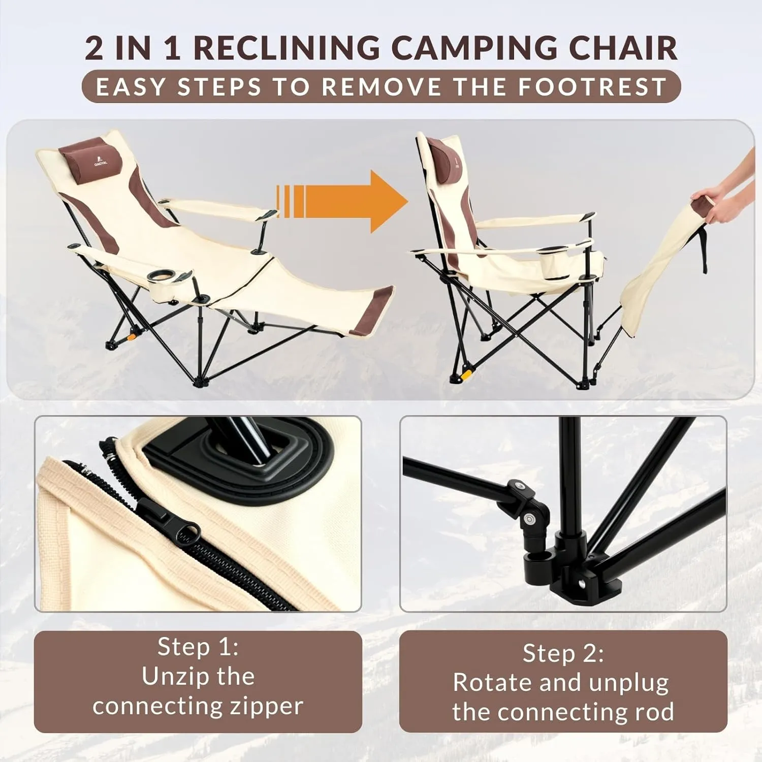 Reclining Camping Chair with Removable Footrest, 4-Position Adjustable Lightweight Folding Lounge Beach Chair with Cotton Cushion, Cup Holder & Storage Pouch for Outdoor(330lbs Capacity), Beige