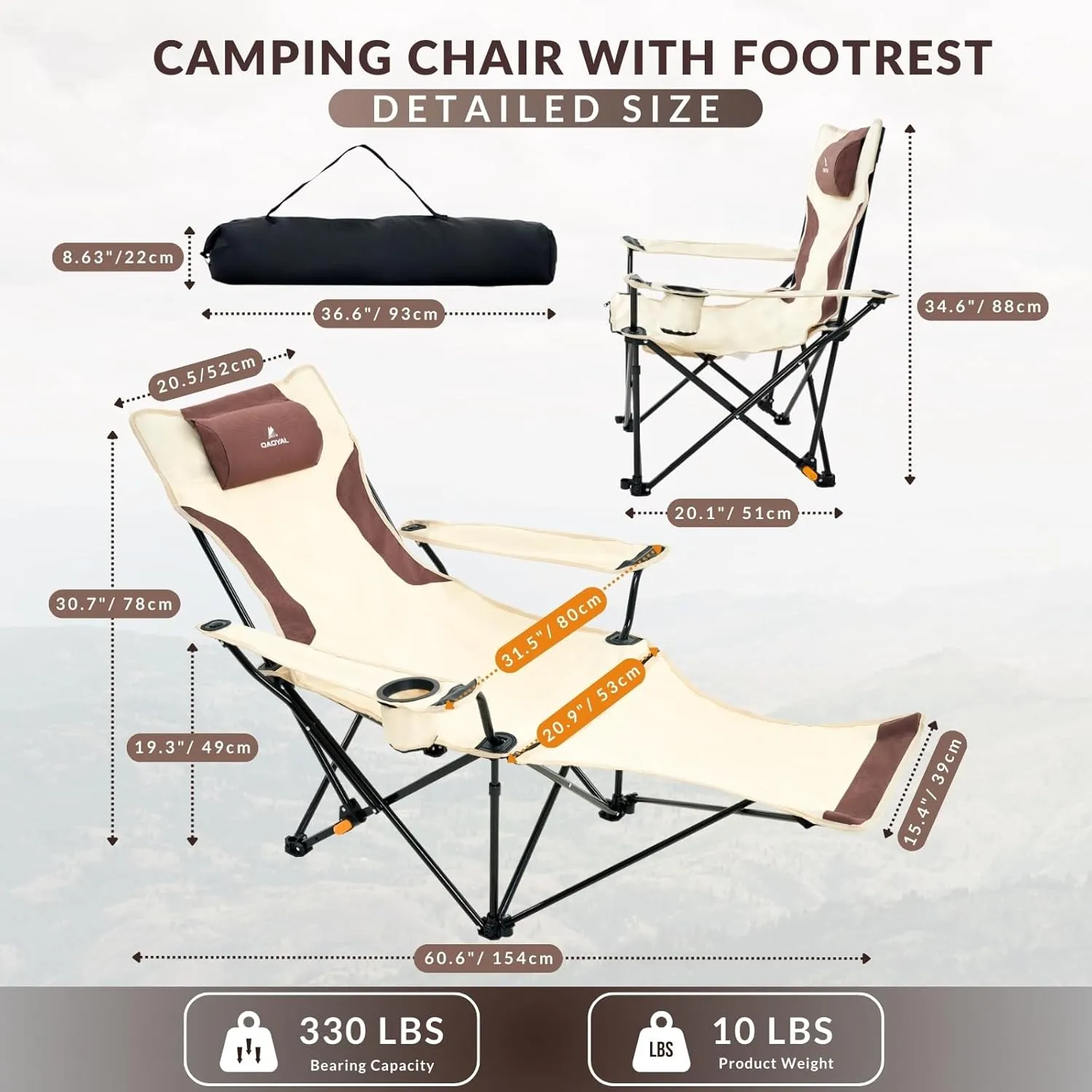 Reclining Camping Chair with Removable Footrest, 4-Position Adjustable Lightweight Folding Lounge Beach Chair with Cotton Cushion, Cup Holder & Storage Pouch for Outdoor(330lbs Capacity), Beige