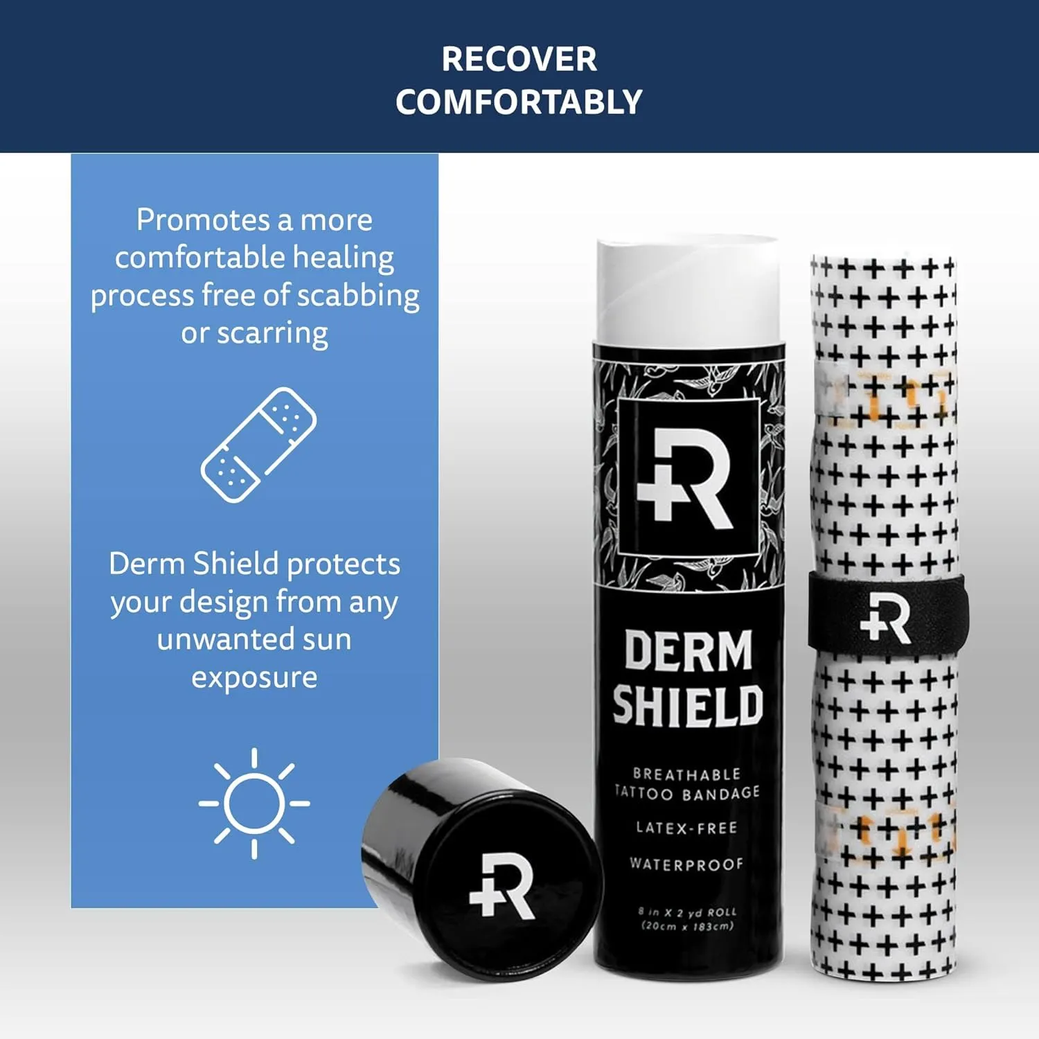 Recovery Aftercare Derm Shield Tattoo Aftercare Bandage Roll - Waterproof Adhesive Bandages, Transparent Matte Film - 6 Inches x 2 Yards