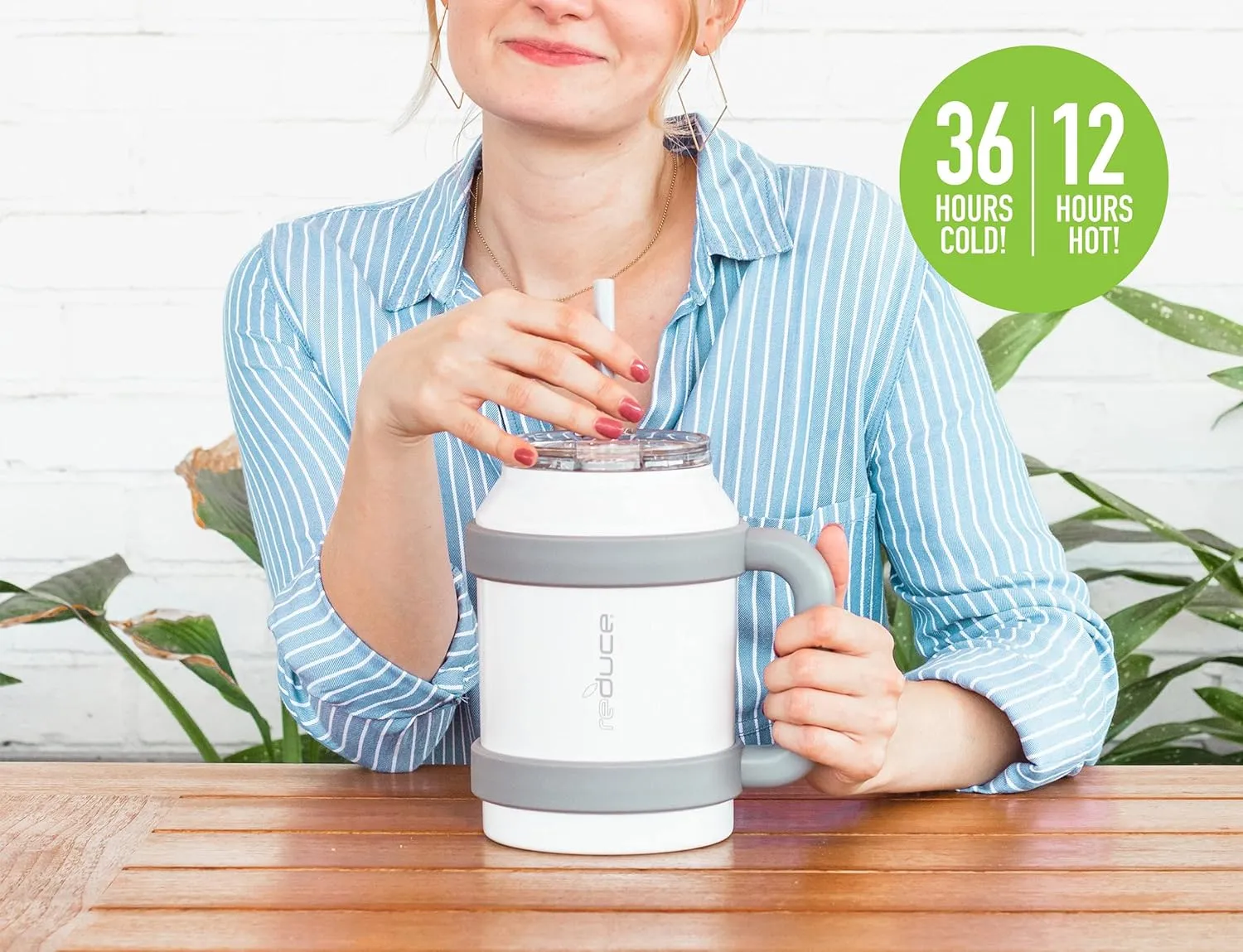 REDUCE Cold1 50 oz Reusable Mug Tumbler with Handle - Insulated Stainless Steel Water Bottle for Home, Office and Gym; Straw or Sip Leakproof Lid When Closed. Keeps Drinks Ice Cold All Day - White