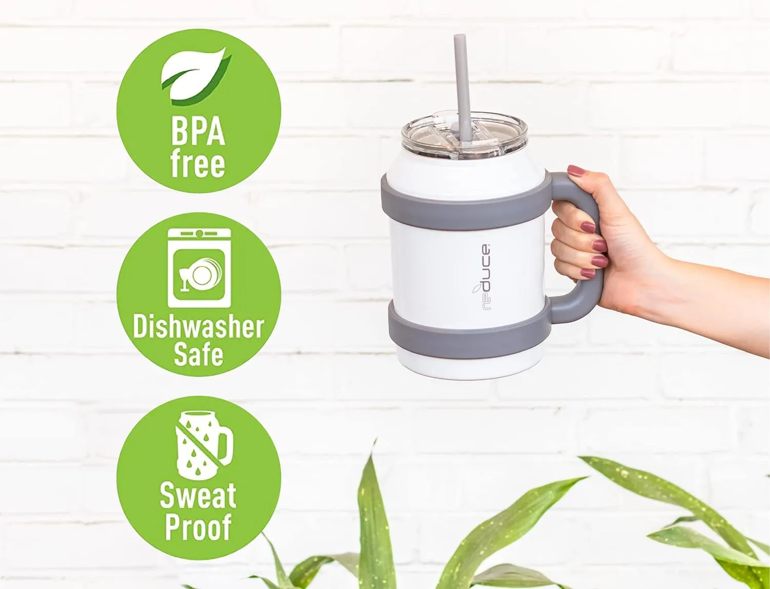 REDUCE Cold1 50 oz Reusable Mug Tumbler with Handle - Insulated Stainless Steel Water Bottle for Home, Office and Gym; Straw or Sip Leakproof Lid When Closed. Keeps Drinks Ice Cold All Day - White