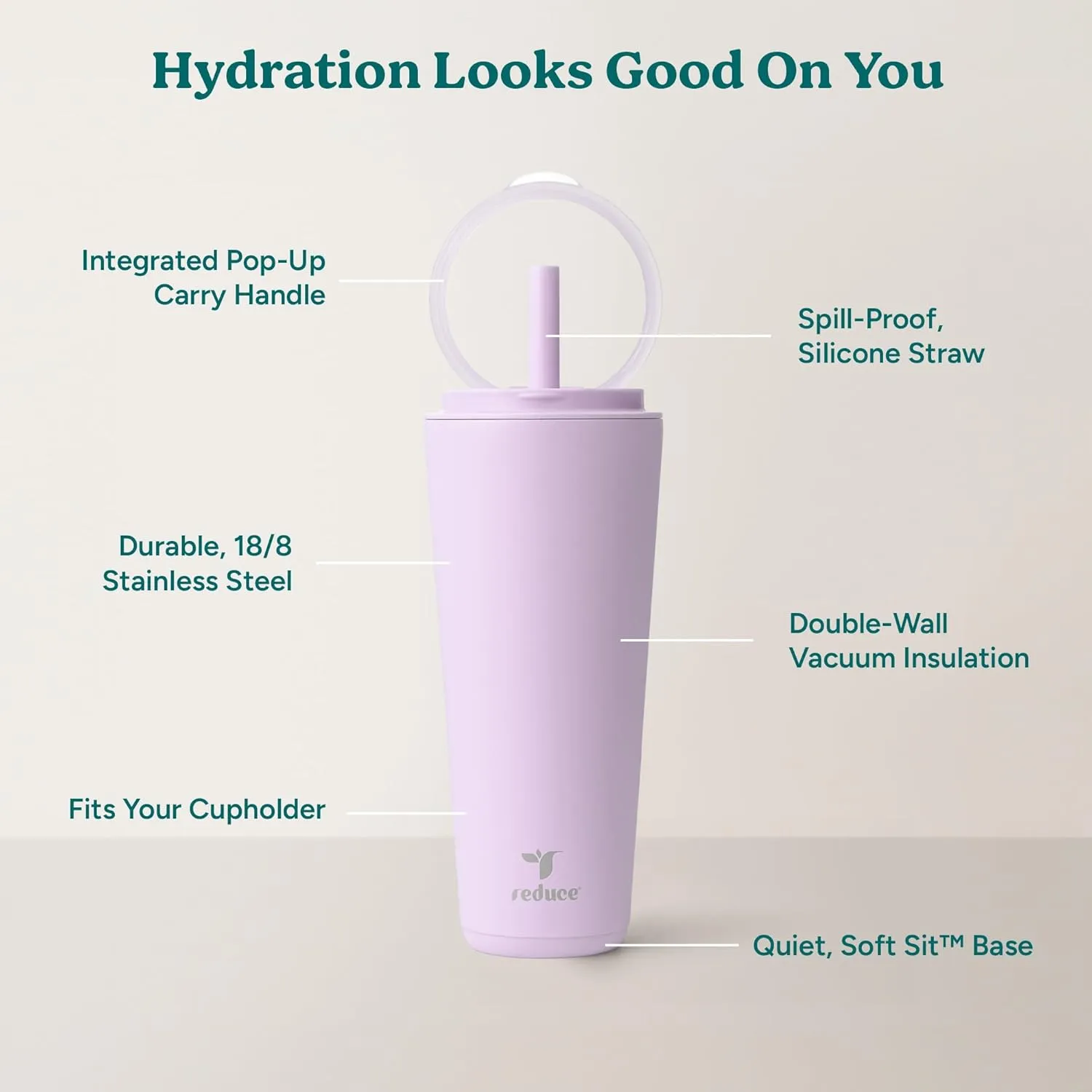 REDUCE Halo 32 oz Stainless Steel Vacuum Insulated Tumbler - Spill Proof Travel Mug with Flip Handle Lid - Keeps Drinks Cold for 32 Hrs - Dishwasher Safe - Cupholder Friendly - Lilac Bud