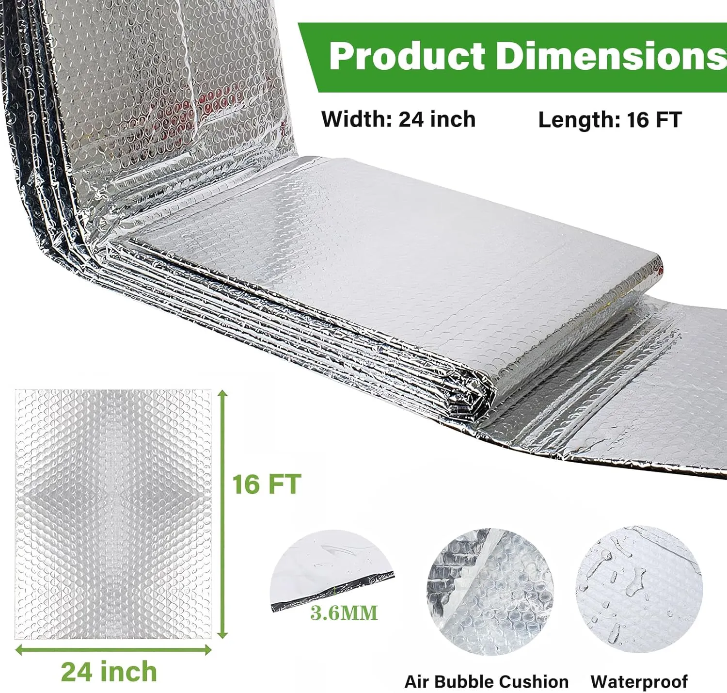 Reflective Insulation Sheet, 3.6mm Thick 24in x 16Ft Double Side Aluminum Foil Insulations for Window Garage RV Camper Car Roof Door Insulation - Weatherproof, Cold and Heat Shield