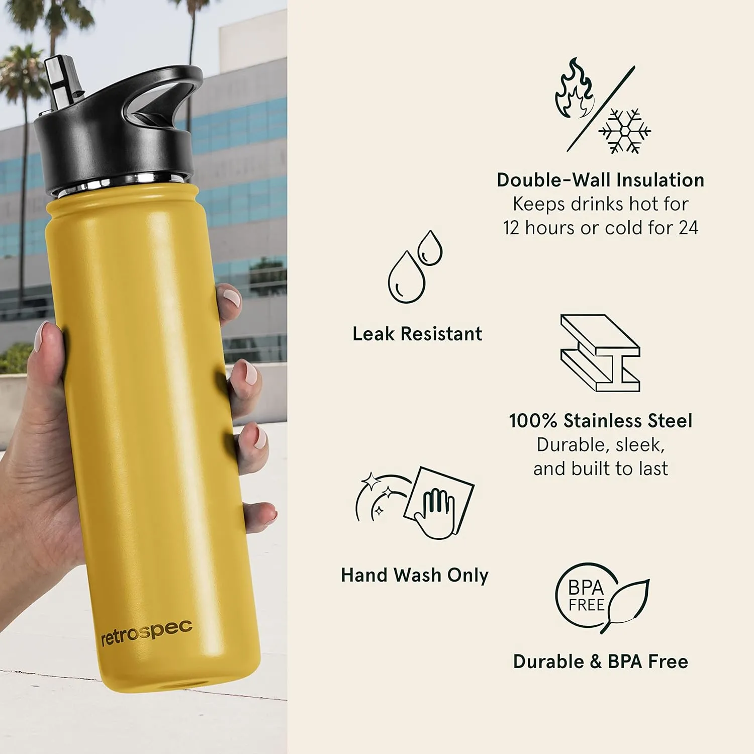 Retrospec Alder Insulated Water Bottle with Straw Lid & Handle Cap - Stainless Steel Wide Mouth Double-Wall Vacuum Insulated Thermos - BPA Free Leakproof Canteen