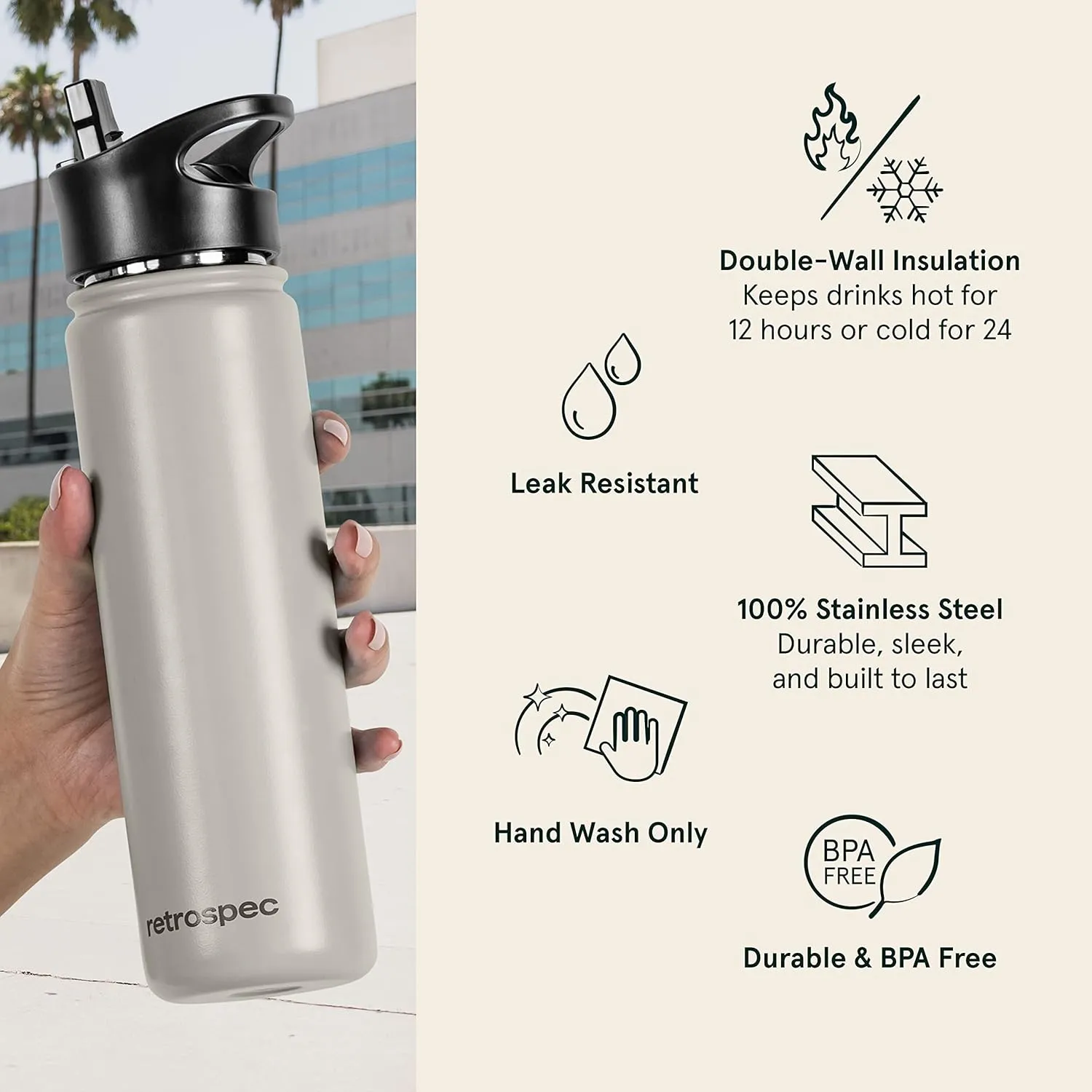 Retrospec Alder Insulated Water Bottle with Straw Lid & Handle Cap - Stainless Steel Wide Mouth Double-Wall Vacuum Insulated Thermos - BPA Free Leakproof Canteen