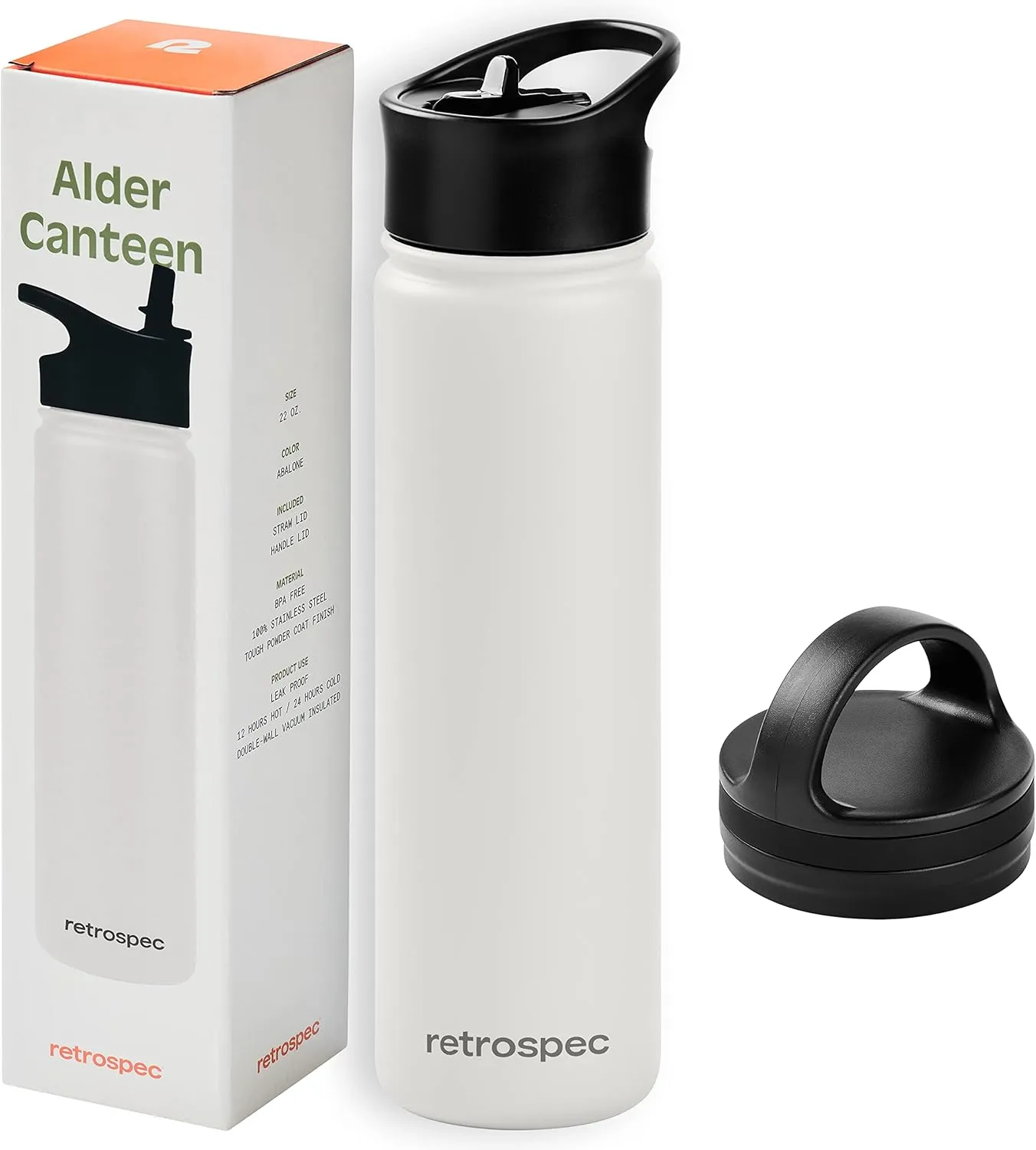Retrospec Alder Insulated Water Bottle with Straw Lid & Handle Cap - Stainless Steel Wide Mouth Double-Wall Vacuum Insulated Thermos - BPA Free Leakproof Canteen