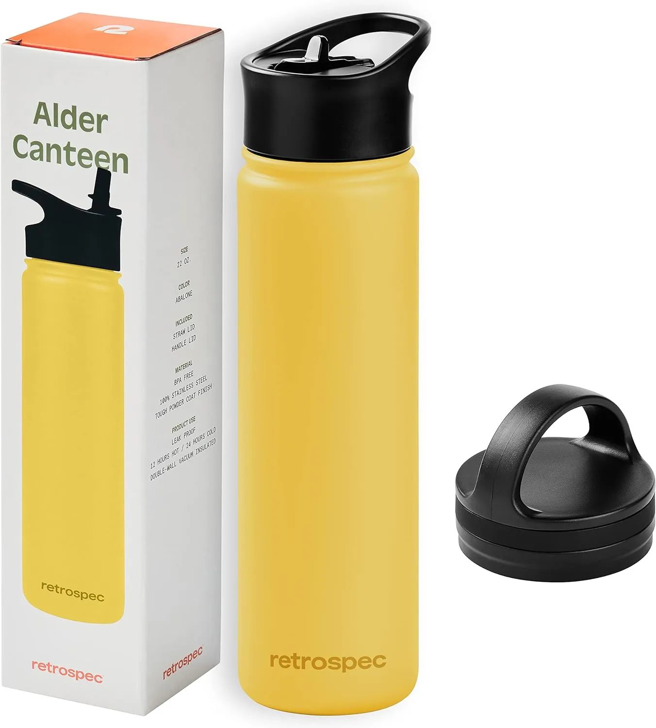Retrospec Alder Insulated Water Bottle with Straw Lid & Handle Cap - Stainless Steel Wide Mouth Double-Wall Vacuum Insulated Thermos - BPA Free Leakproof Canteen