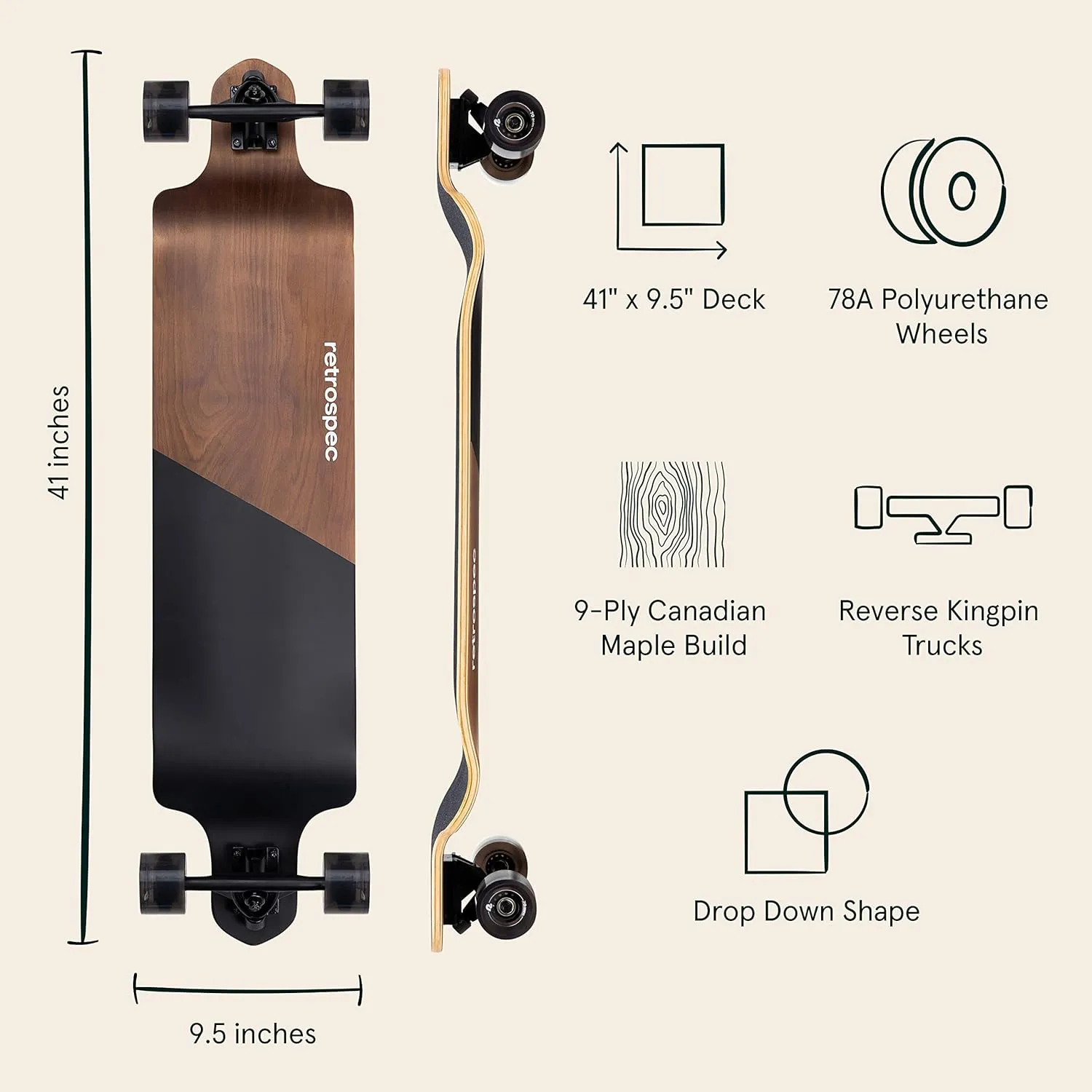 Retrospec Tidal Drop Down Longboard - 41" Extra Wide Stable Deck, 9-Ply Canadian Maple, ABEC-9 Bearings, 85A PU Wheels, Reverse Kingpin Trucks for Cruising & Downhill