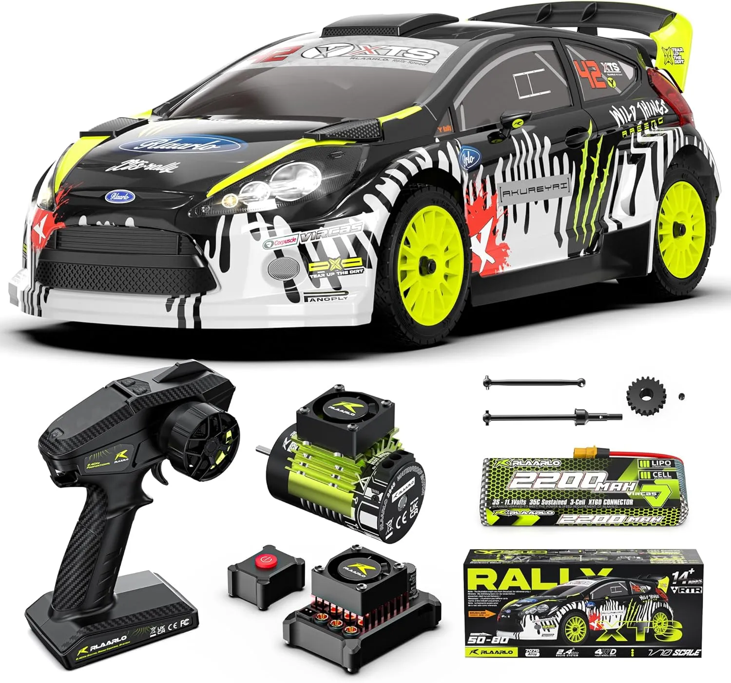 RIAARIO 1/10 Rally Car Max 50mph Brushless RC Cars for Adults with Gyro 4WD RC Truck with Full Car Linkage Lighting Remote Control Trucks with 3S 2200mAh Rechargeable Battery Support 4400mAh Battery