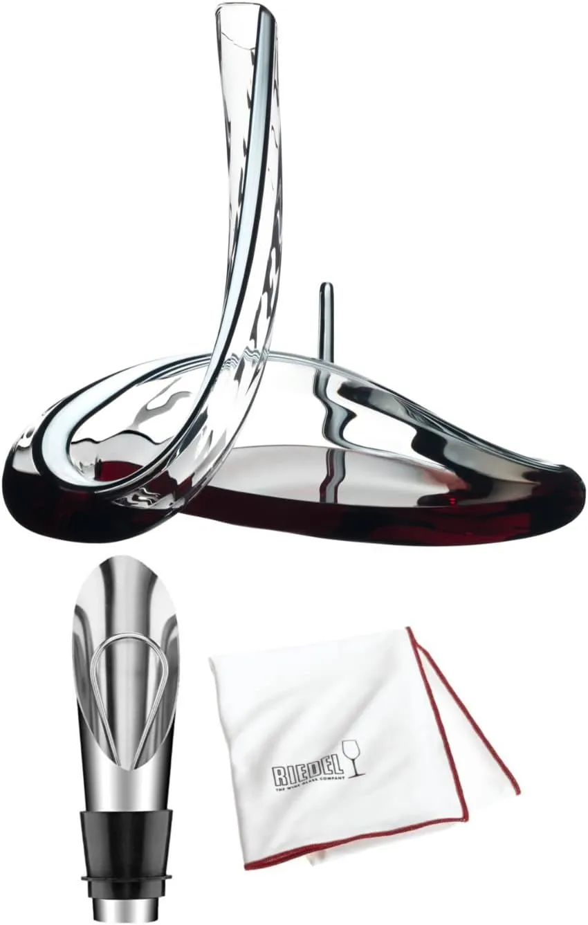 Riedel Decanter Mamba Fatto A Mano Bundle with Microfiber Polishing Cloth and Wine Pourer (3 Items)