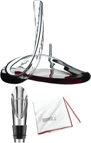 Riedel Decanter Mamba Fatto A Mano Bundle with Microfiber Polishing Cloth and Wine Pourer (3 Items)