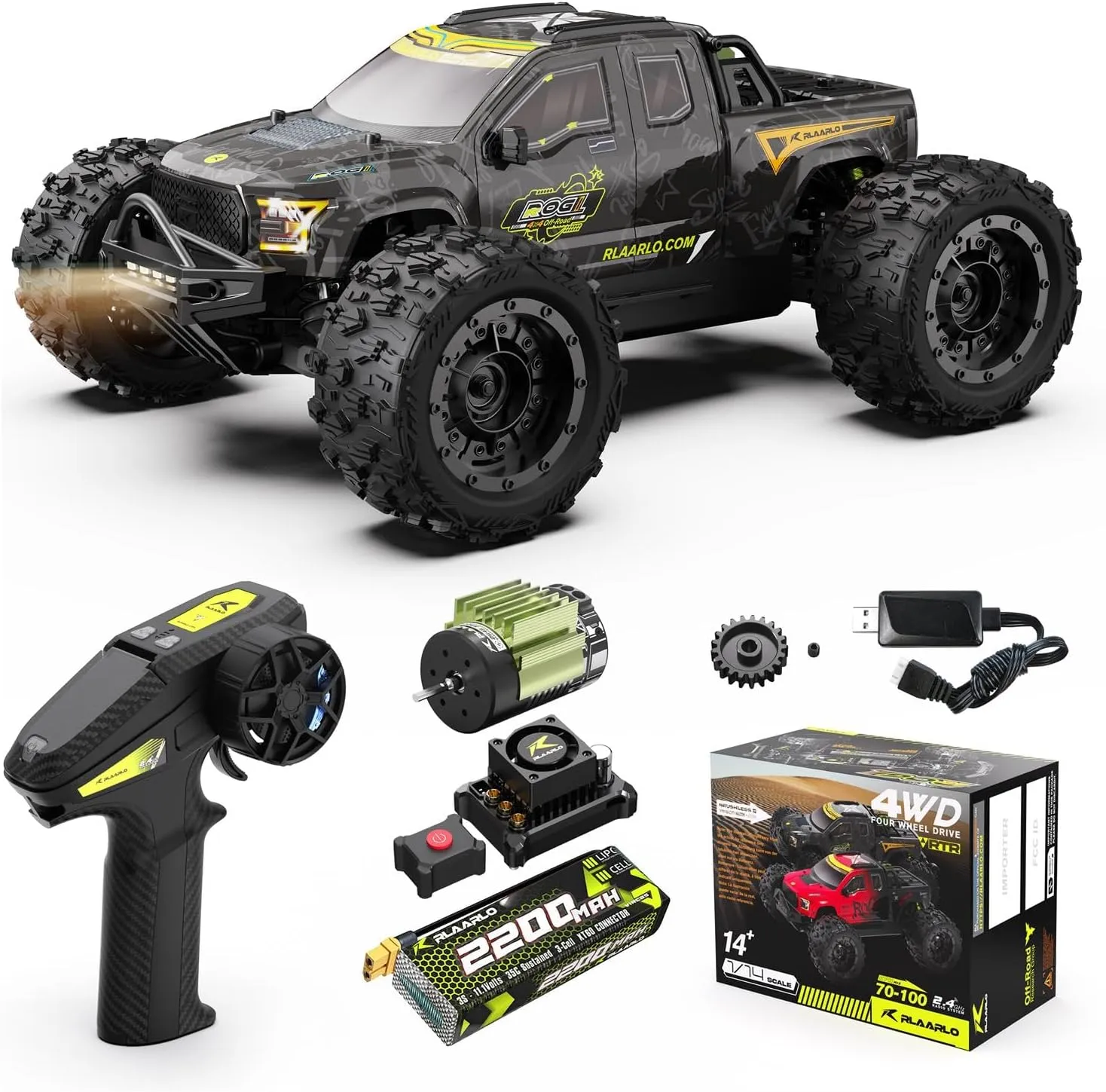 RLAARLO 1/14 Brushless Fast RC Cars for Adults, Top Speed 60  MPH RC Truck, All Terrain Remote Control Car Hobby Off-Road Remote Control Truck 4x4 Monster Trucks with 3S Battery