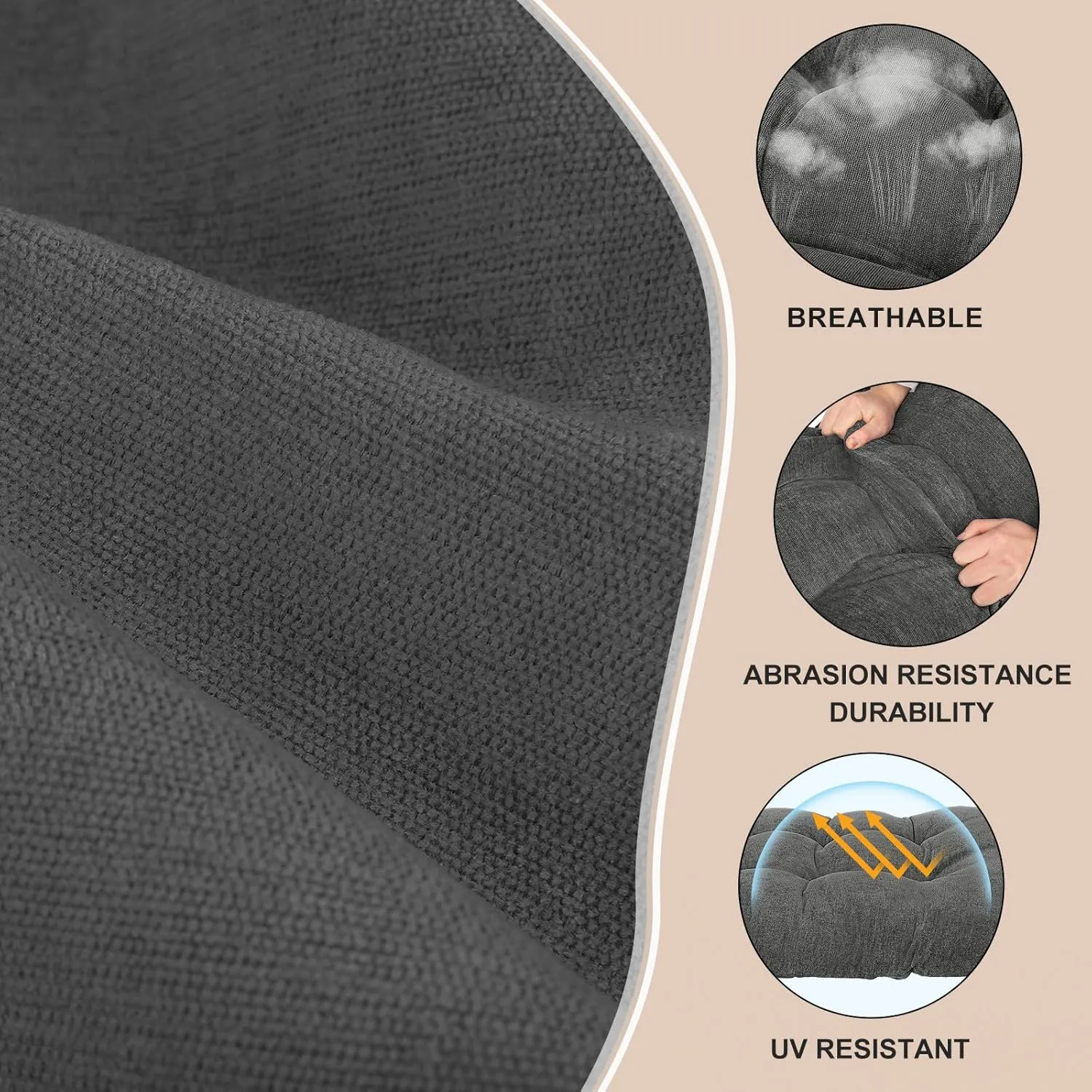Rocking Chair Cushion - Chenille Fabric, High-Density Sponge, Durable Comfort Double-Sided Tufted Seat Pads with Ties, Chenille︱Dark Gray, 44x19x4 inch