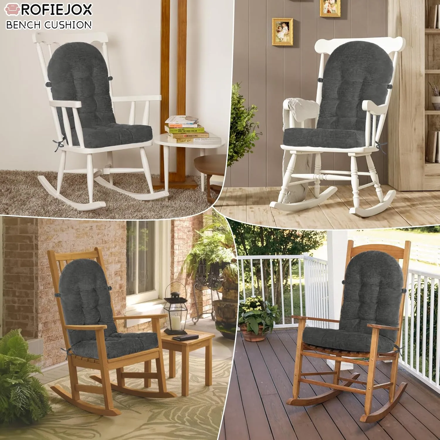 Rocking Chair Cushion - Chenille Fabric, High-Density Sponge, Durable Comfort Double-Sided Tufted Seat Pads with Ties, Chenille︱Dark Gray, 44x19x4 inch