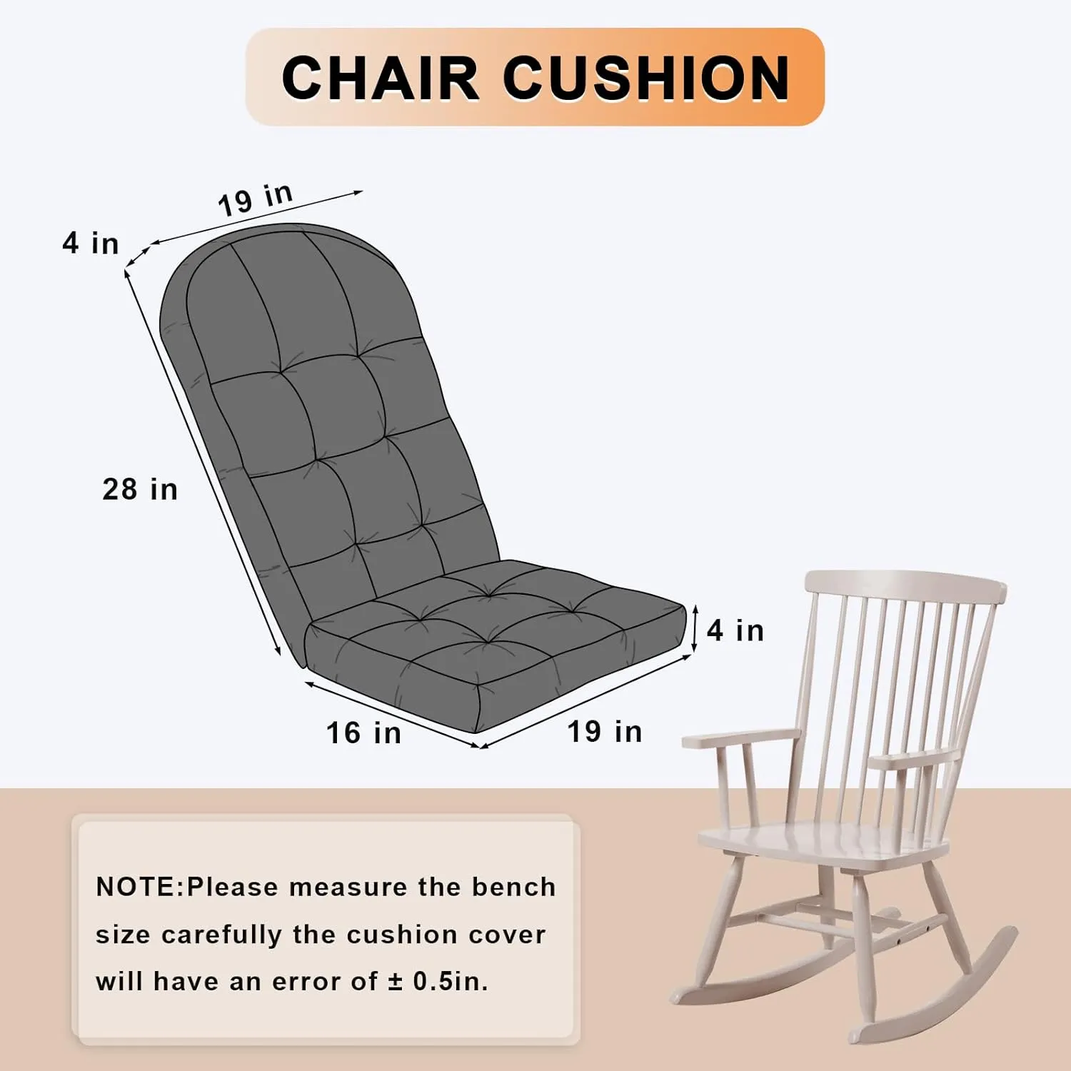 Rocking Chair Cushion - Chenille Fabric, High-Density Sponge, Durable Comfort Double-Sided Tufted Seat Pads with Ties, Chenille︱Dark Gray, 44x19x4 inch