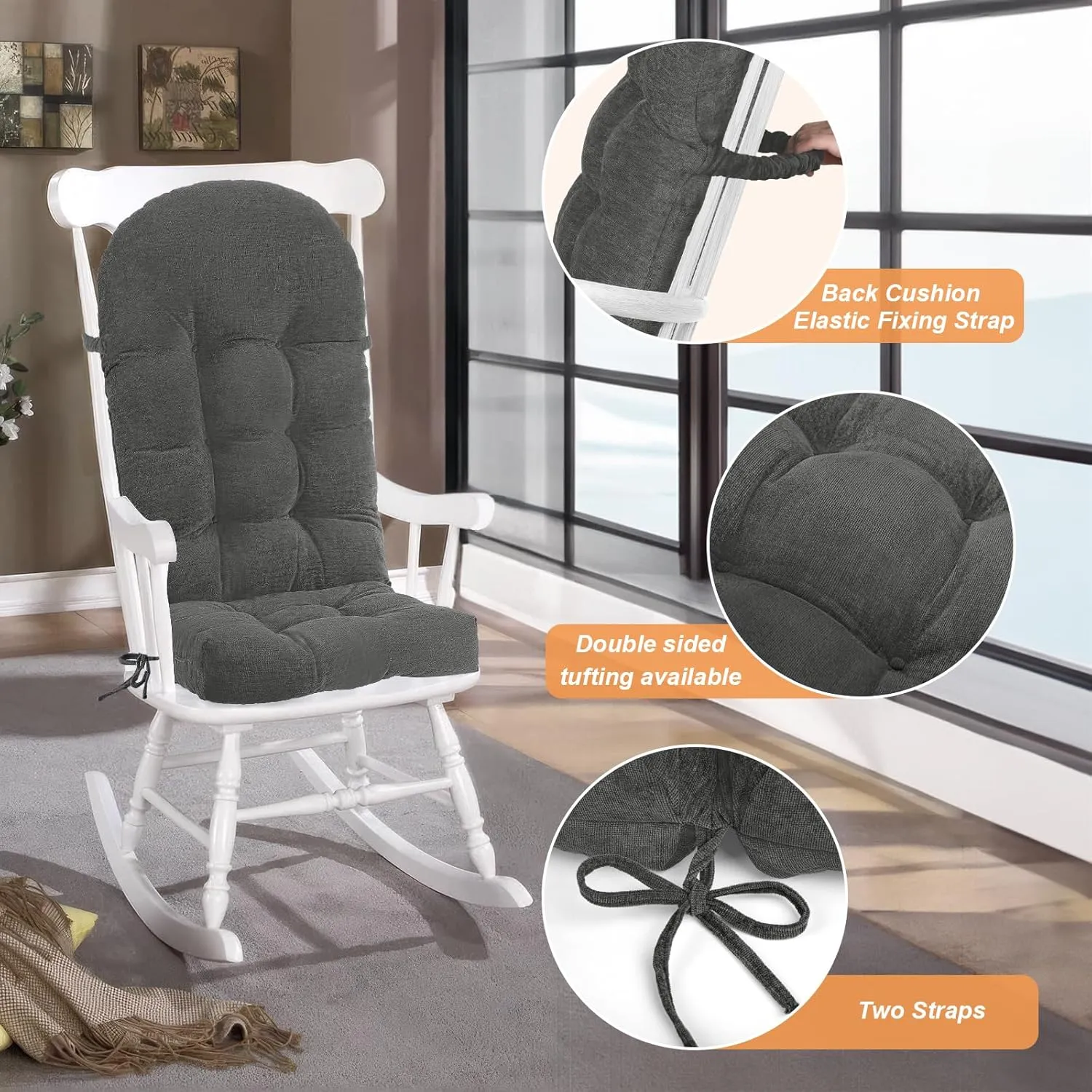 Rocking Chair Cushion - Chenille Fabric, High-Density Sponge, Durable Comfort Double-Sided Tufted Seat Pads with Ties, Chenille︱Dark Gray, 44x19x4 inch