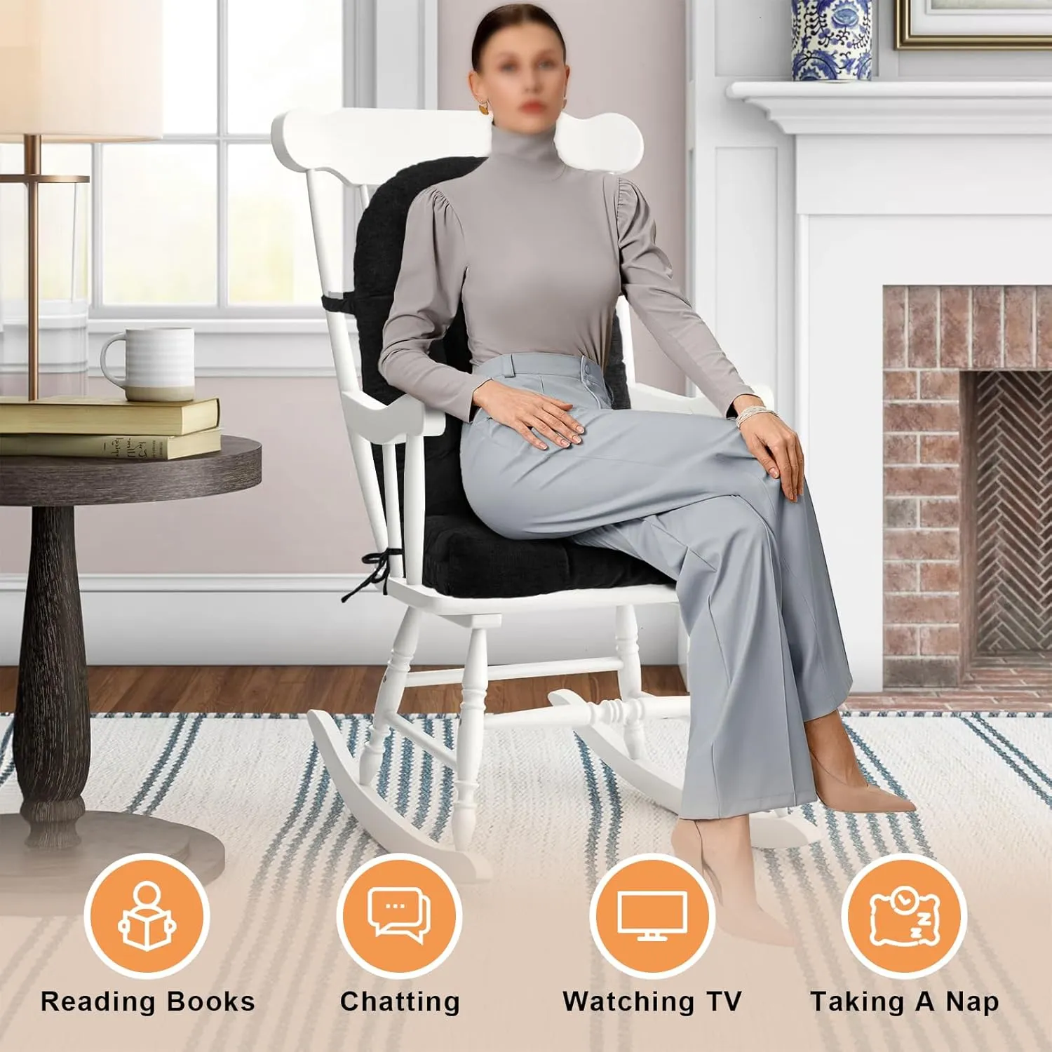 Rocking Chair Cushion - Chenille Fabric, High-Density Sponge, Durable Comfort Non-Slip Bottom Tufted Seat Pads with Ties, Chenille︱Black, 44x19x4 inch