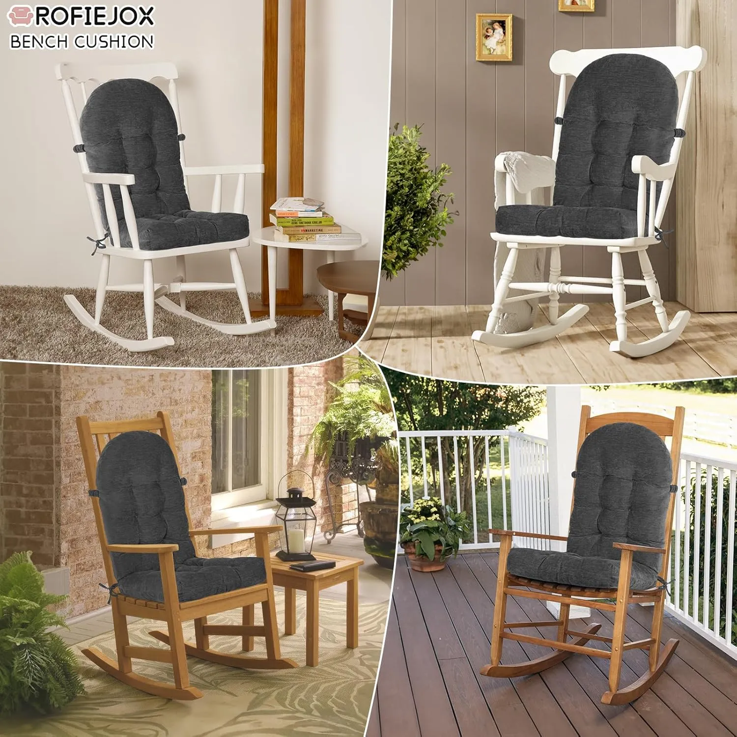 Rocking Chair Cushion - Chenille Fabric, High-Density Sponge, Durable Comfort Non-Slip Bottom Tufted Seat Pads with Ties, Chenille︱Gray, 44x19x4 inch