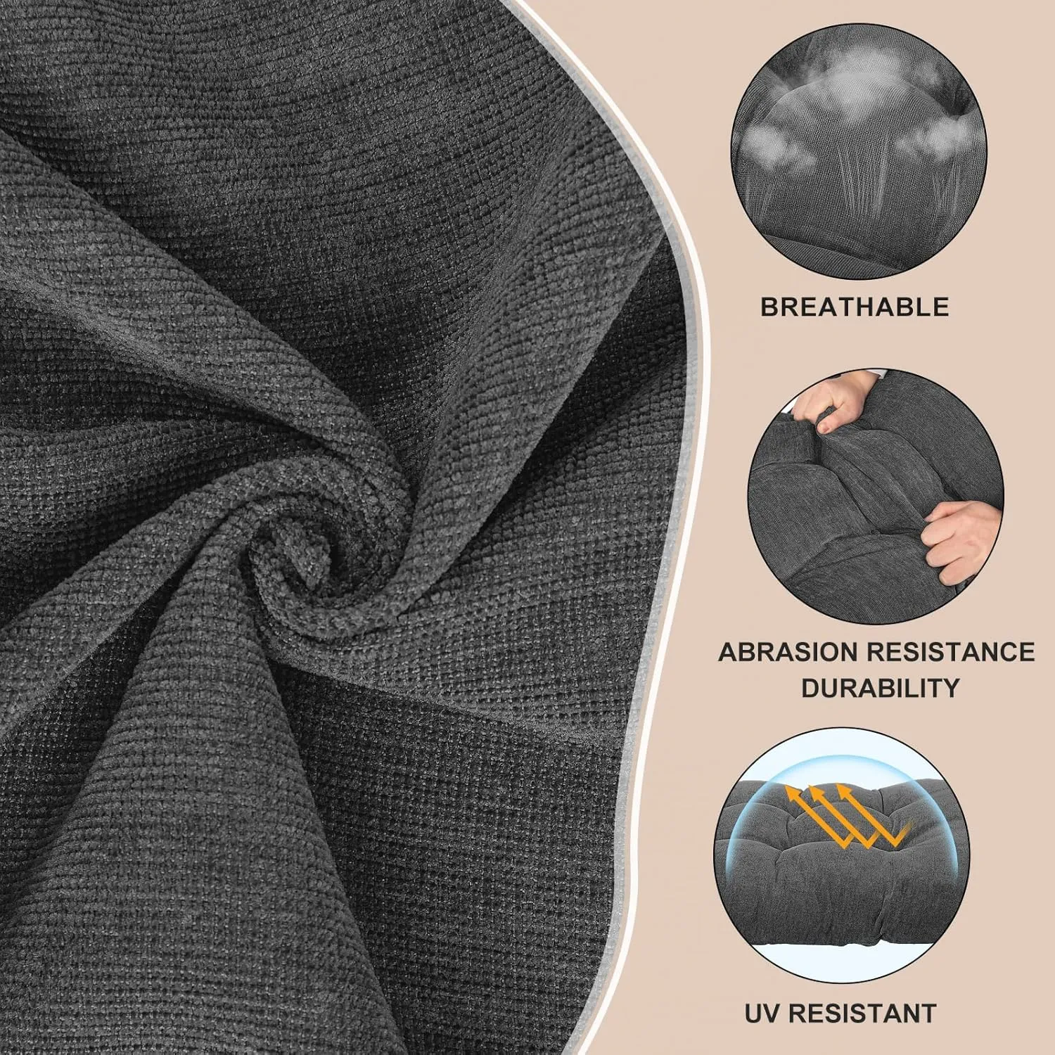Rocking Chair Cushion - Chenille Fabric, High-Density Sponge, Durable Comfort Non-Slip Bottom Tufted Seat Pads with Ties, Chenille︱Gray, 44x19x4 inch