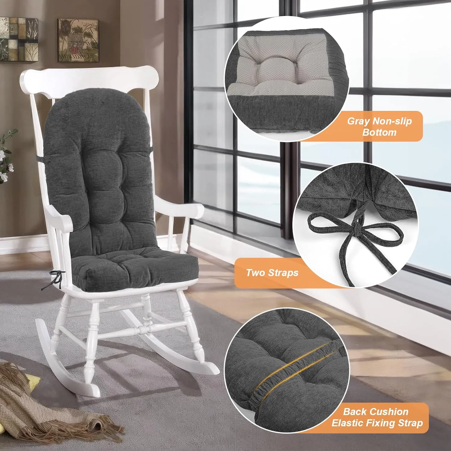 Rocking Chair Cushion - Chenille Fabric, High-Density Sponge, Durable Comfort Non-Slip Bottom Tufted Seat Pads with Ties, Chenille︱Gray, 44x19x4 inch