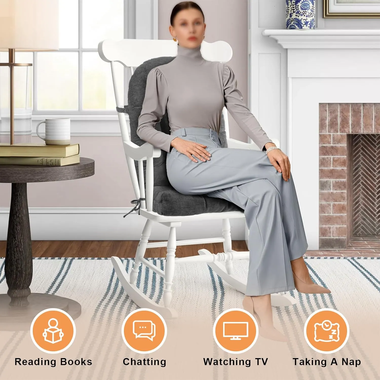 Rocking Chair Cushion - Chenille Fabric, High-Density Sponge, Durable Comfort Non-Slip Bottom Tufted Seat Pads with Ties, Chenille︱Gray, 44x19x4 inch