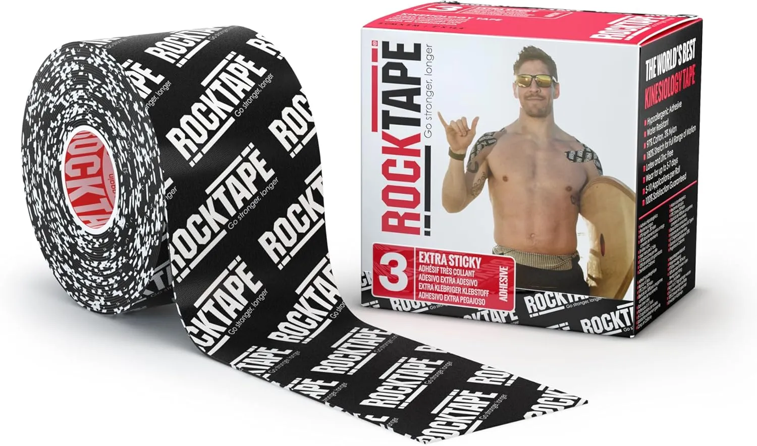 RockTape Extra Sticky 2" Kinesiology Tape (Logo, Black) - Athletic Tape for Muscle Pain Relief, Injury Recovery - Microscopic Skin Lifting & Decompression - Sweat & Water Resistant - Hypoallergenic