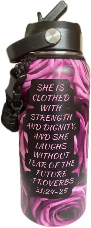 Rose Gold Proverbs Christian BPA-Free 32 oz Leak-Proof Wide Mouth Straw Handle 18/8 Stainless Steel Water Bottle - Mother's Day Gift Colors May Vary