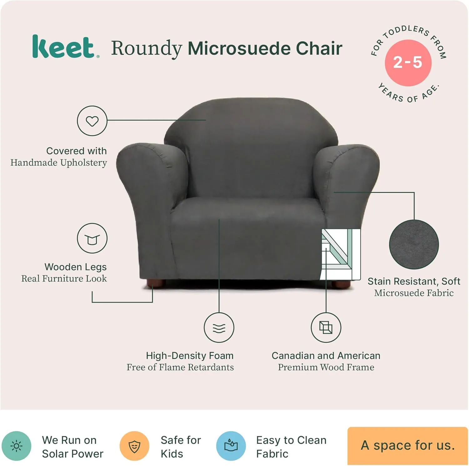 Roundy Toddler Armchair with Soft Microsuede Upholstery Durable Wooden Frame, Ergonomic Design, Fully Assembled, Comfortable Kids Chair for Ages 2-5, Ideal for Bedroom, Playroom & Daycare Use.