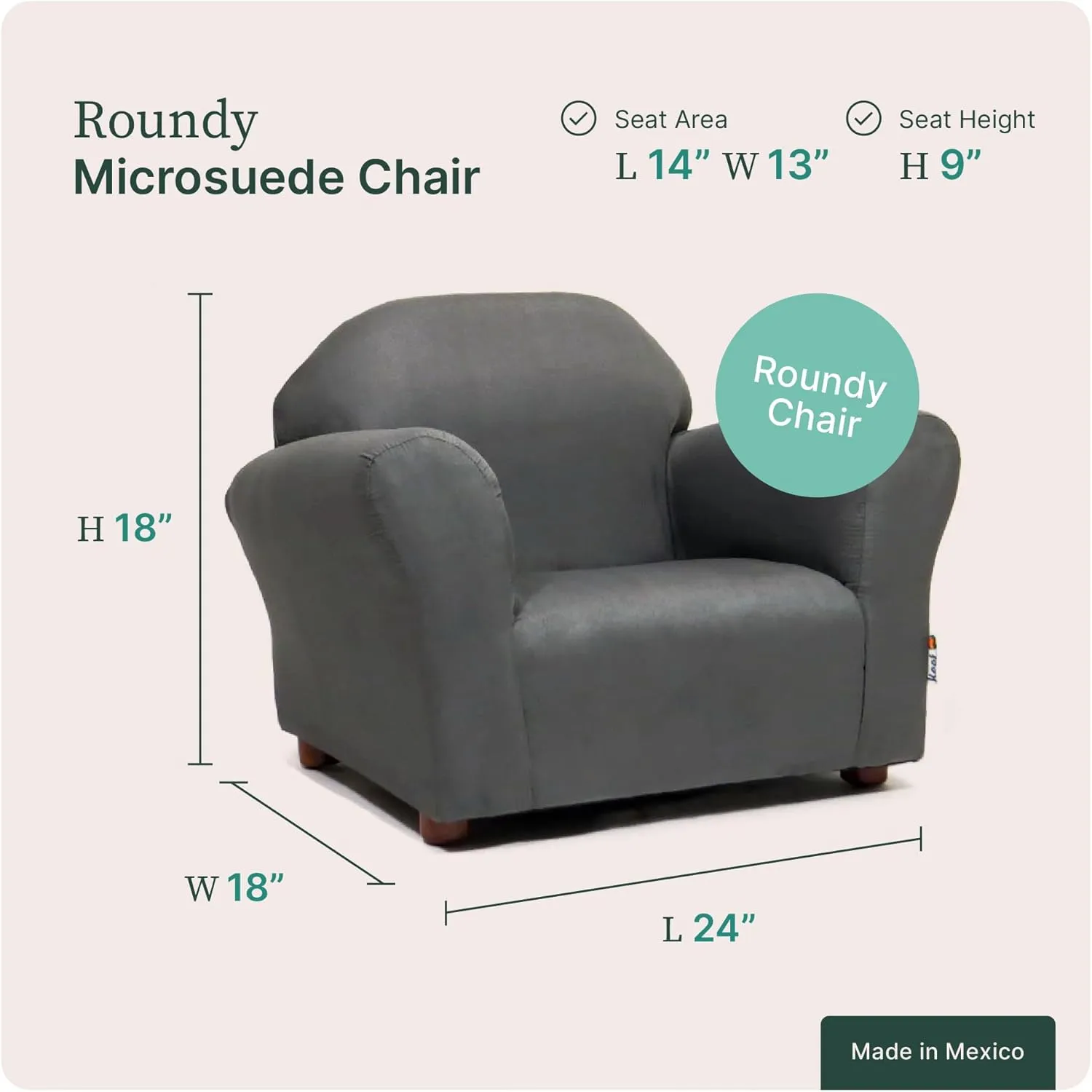 Roundy Toddler Armchair with Soft Microsuede Upholstery Durable Wooden Frame, Ergonomic Design, Fully Assembled, Comfortable Kids Chair for Ages 2-5, Ideal for Bedroom, Playroom & Daycare Use.