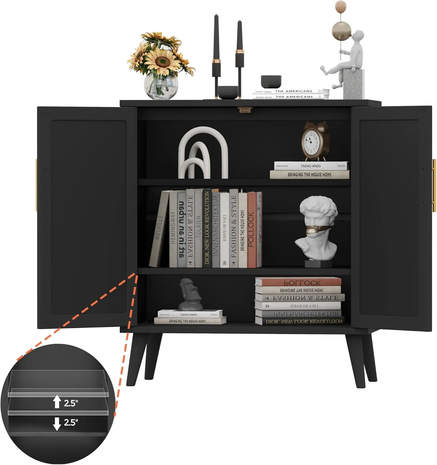Rovaurx Rattan Storage Cabinet with Doors, Accent Bathroom Floor Cabinet, Modern Sideboard Buffet Cabinet for Living Room, Entryway, Dining Room and Kitchen, Black BMGZ108B