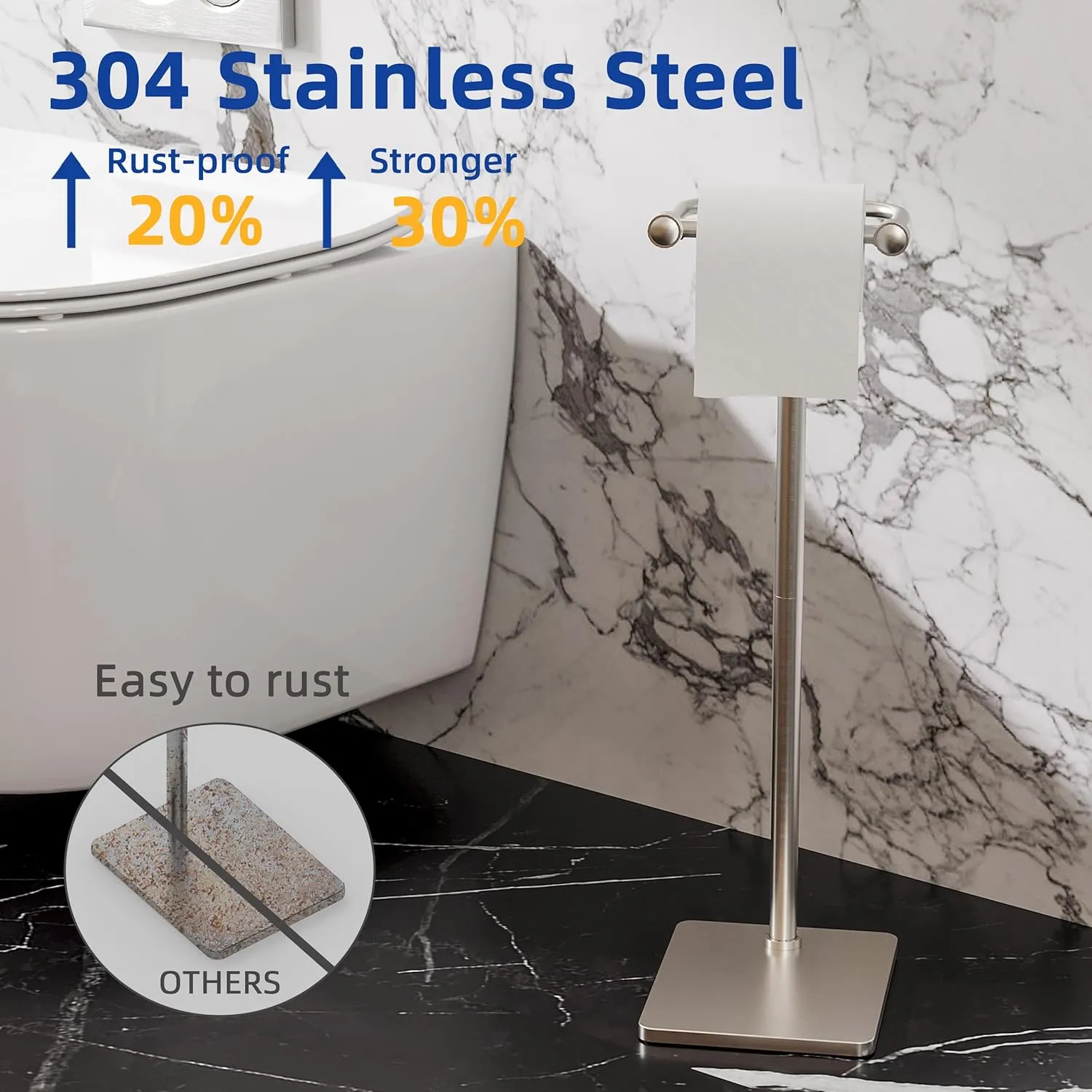 RUACQ Toilet Paper Holder Stand, Bathroom Toilet Paper Roll Holder Free Standing, Toilet Tissue Holder Stand with Post Pivoting Design, Stable Weighted Base, SUS304 Stainless Steel (Brushed Nickel)