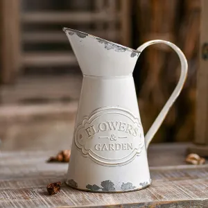 Rustic Metal Flower Vase, White Shabby Chic Vintage Farmhouse Jug Vase,Galvanized Milk Jug Pitcher for Home Decoration - 8.7"