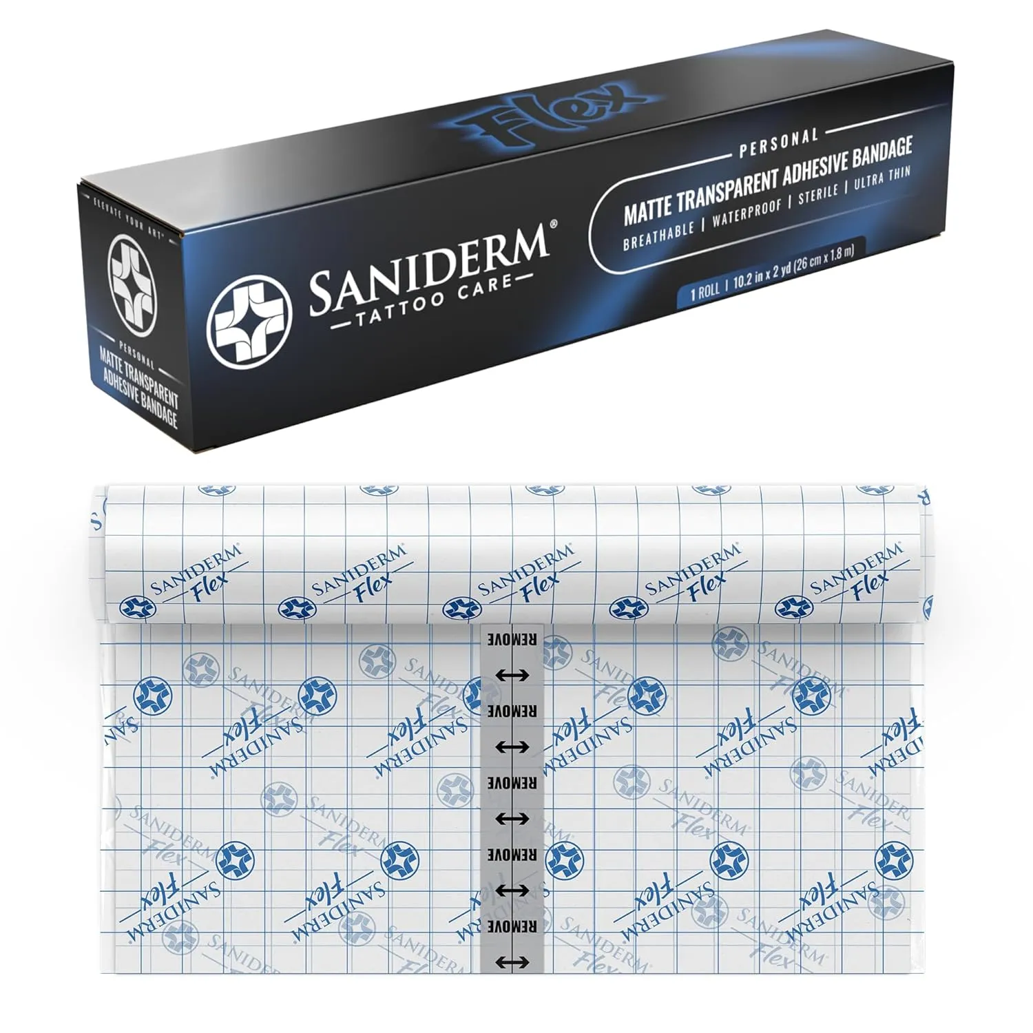 Saniderm Flex Tattoo Aftercare Bandage (New) (Personal Roll, 10.2 in x 2 yd) – Faster Tattoo Healing and Protection – Sterile, Waterproof, Flexible, Latex-Free, Aftercare Wrap – Matte Finish